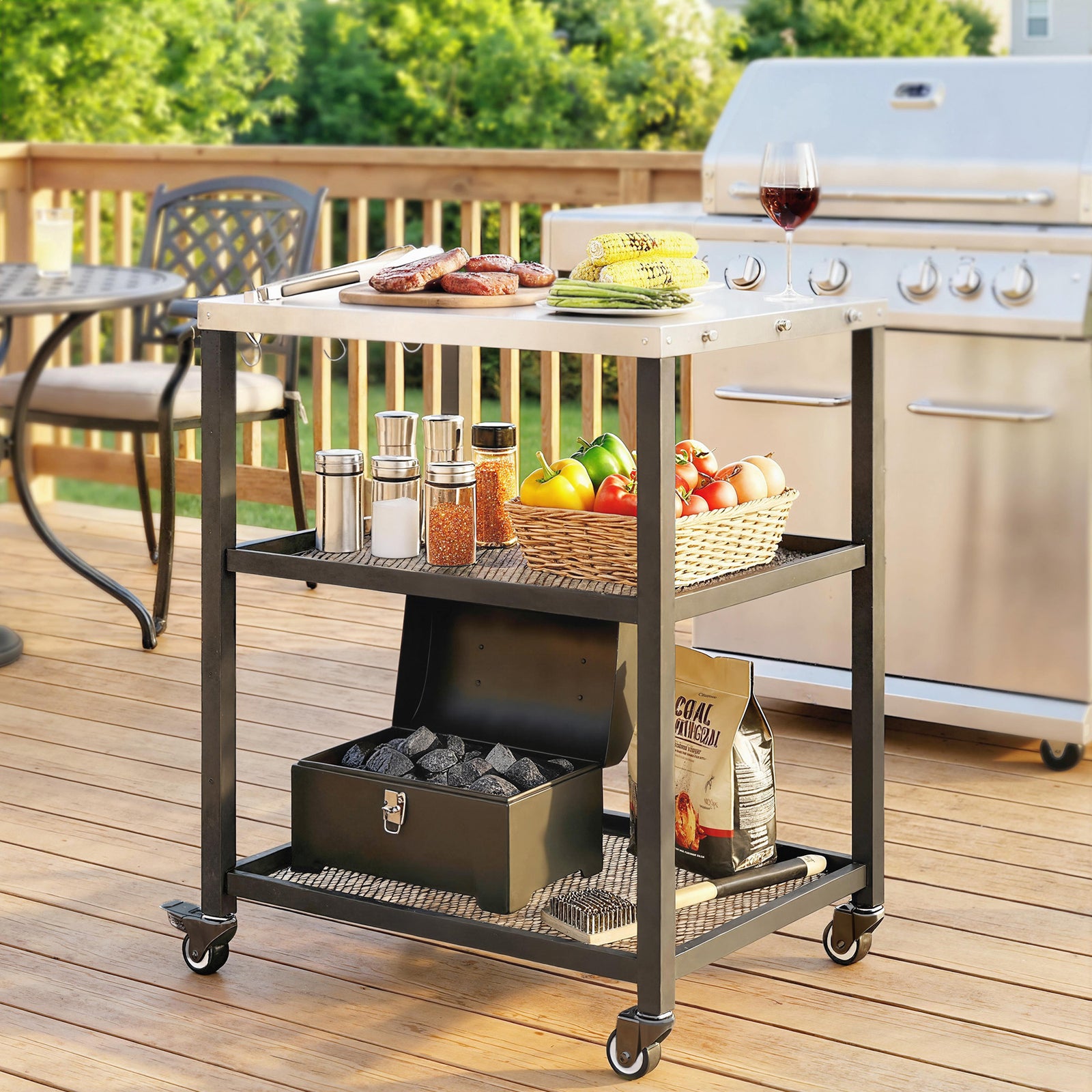 Outsunny Outdoor Grill Cart, Pizza Oven Stand With Adjustable Shelf, Hooks