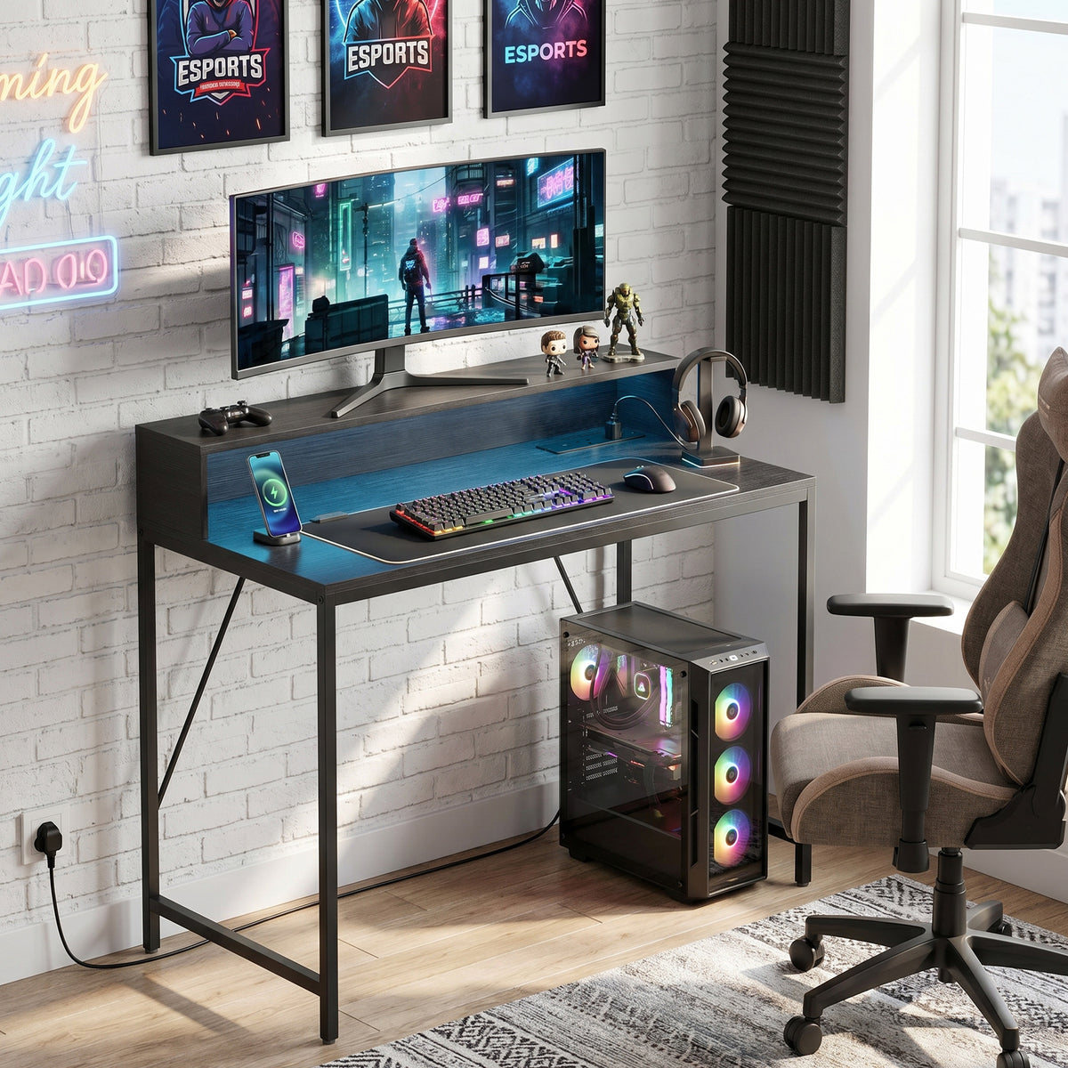 HOMCOM Gaming Desk With Led Lights And Power Outlets, Black Wood-effect
