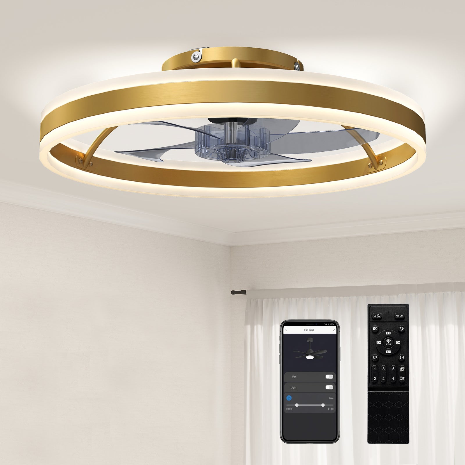 Ceiling Fan With Light And Remote, 3 Colour Temperatures, 50cm | Gold