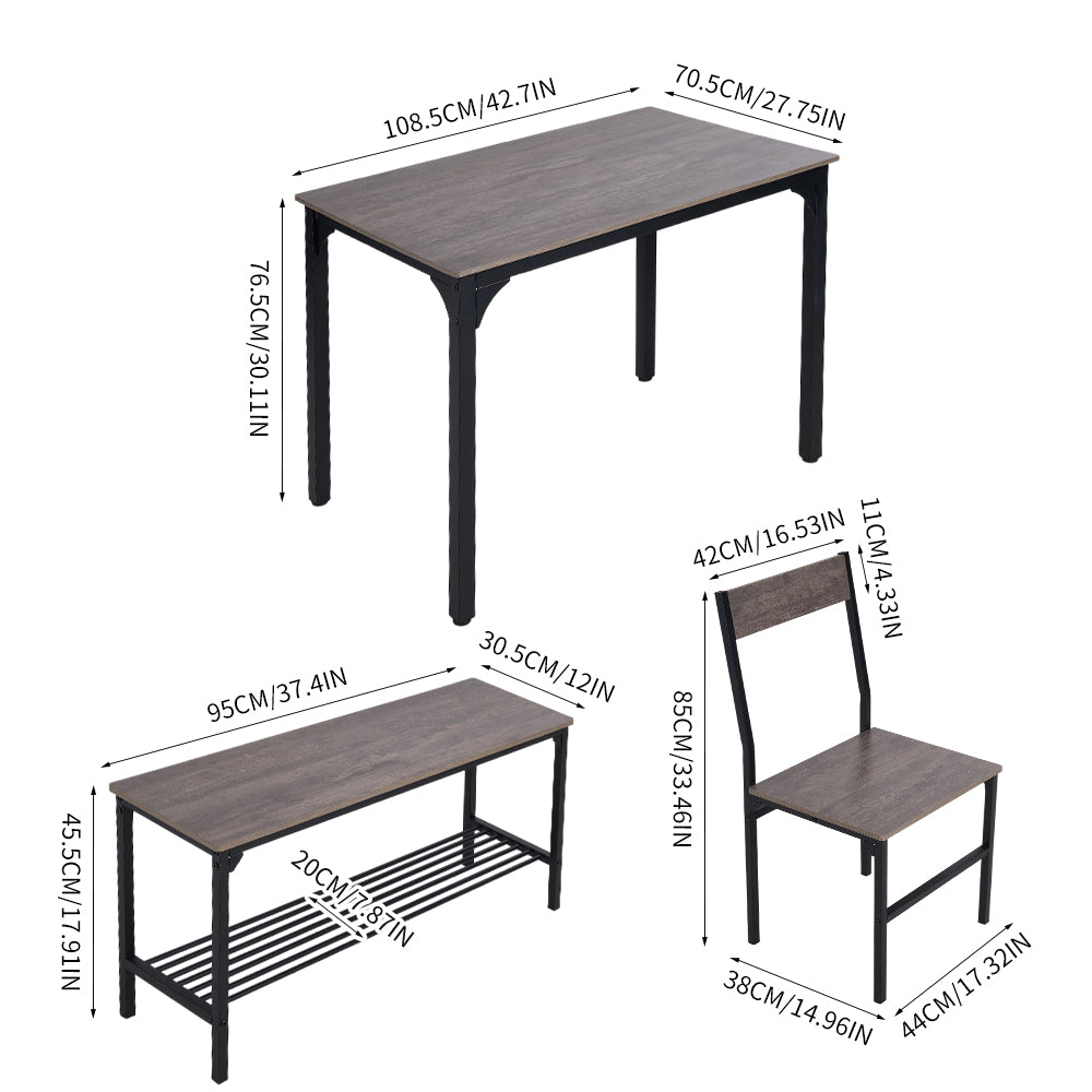 4-piece Industrial Dining Table Set With 2 Chairs And Bench – Vintage Metal Kitchen Furniture | Grey