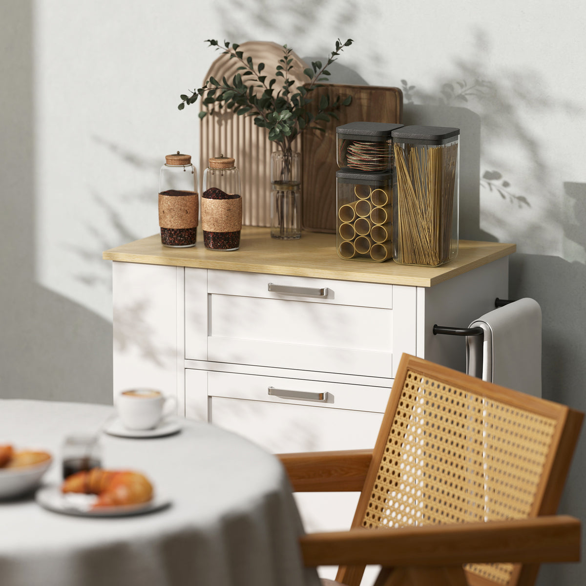 Kitchen Storage Trolley On Wheels With 2 Drawers, Island, White