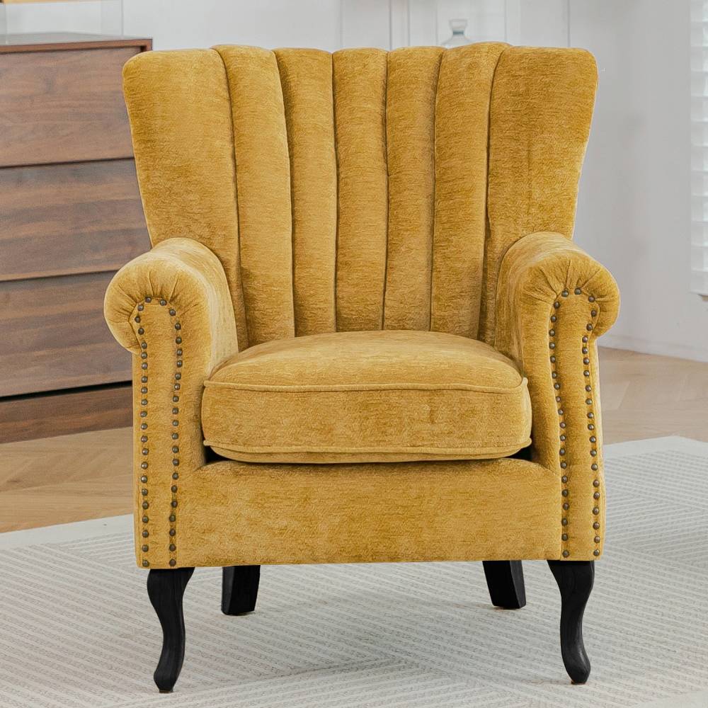 Elegant Chenille Armchair With Rubberwood Legs | Yellow