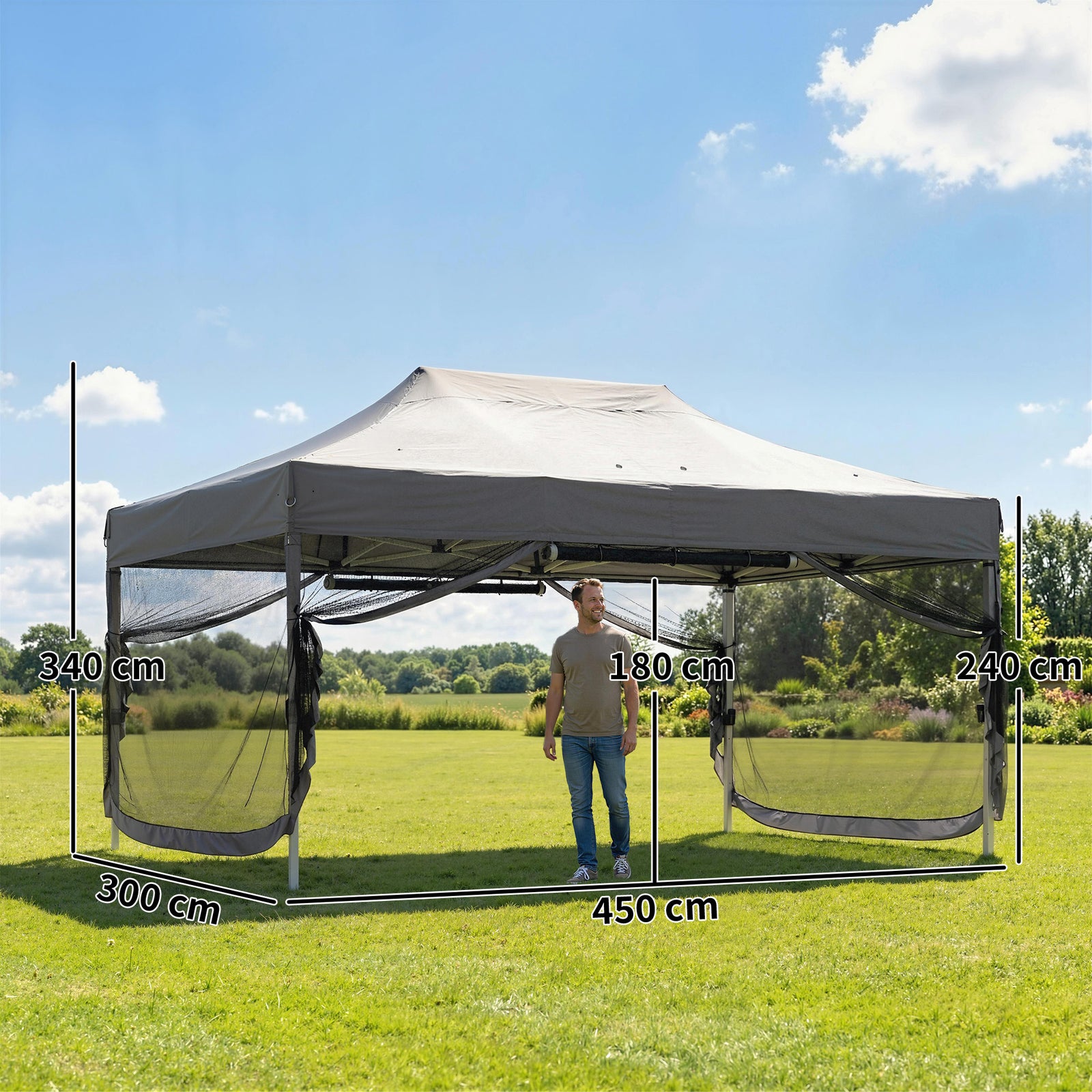 3 X 4.5 M Pop Up Gazebo With Mesh, Heavy Duty Party Tent Marquee | Dark Grey