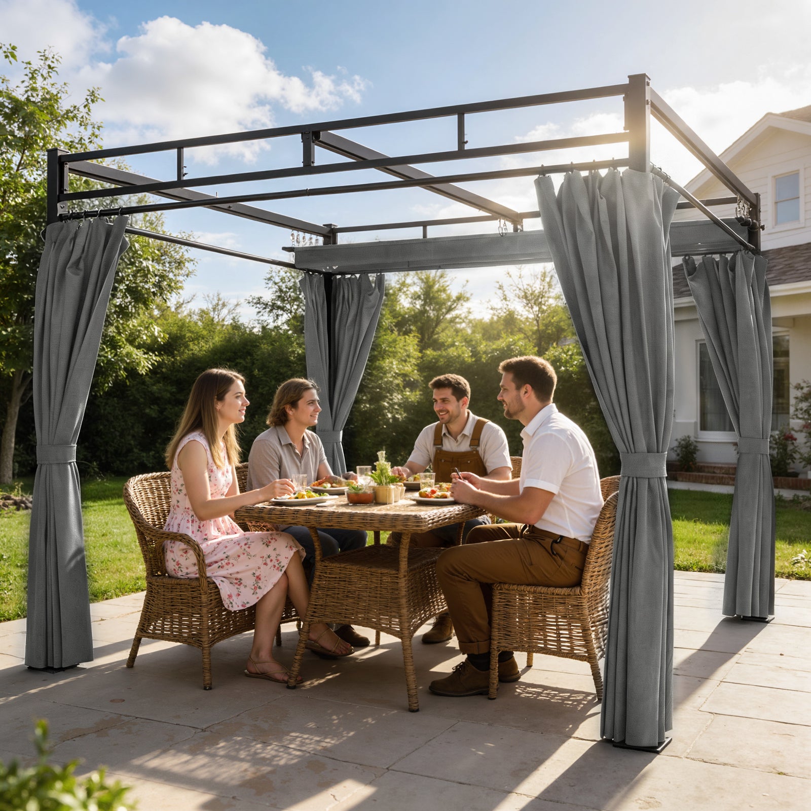 3 X 3 M Garden Pergola With Retractable Canopy, Curtains | Dark Grey