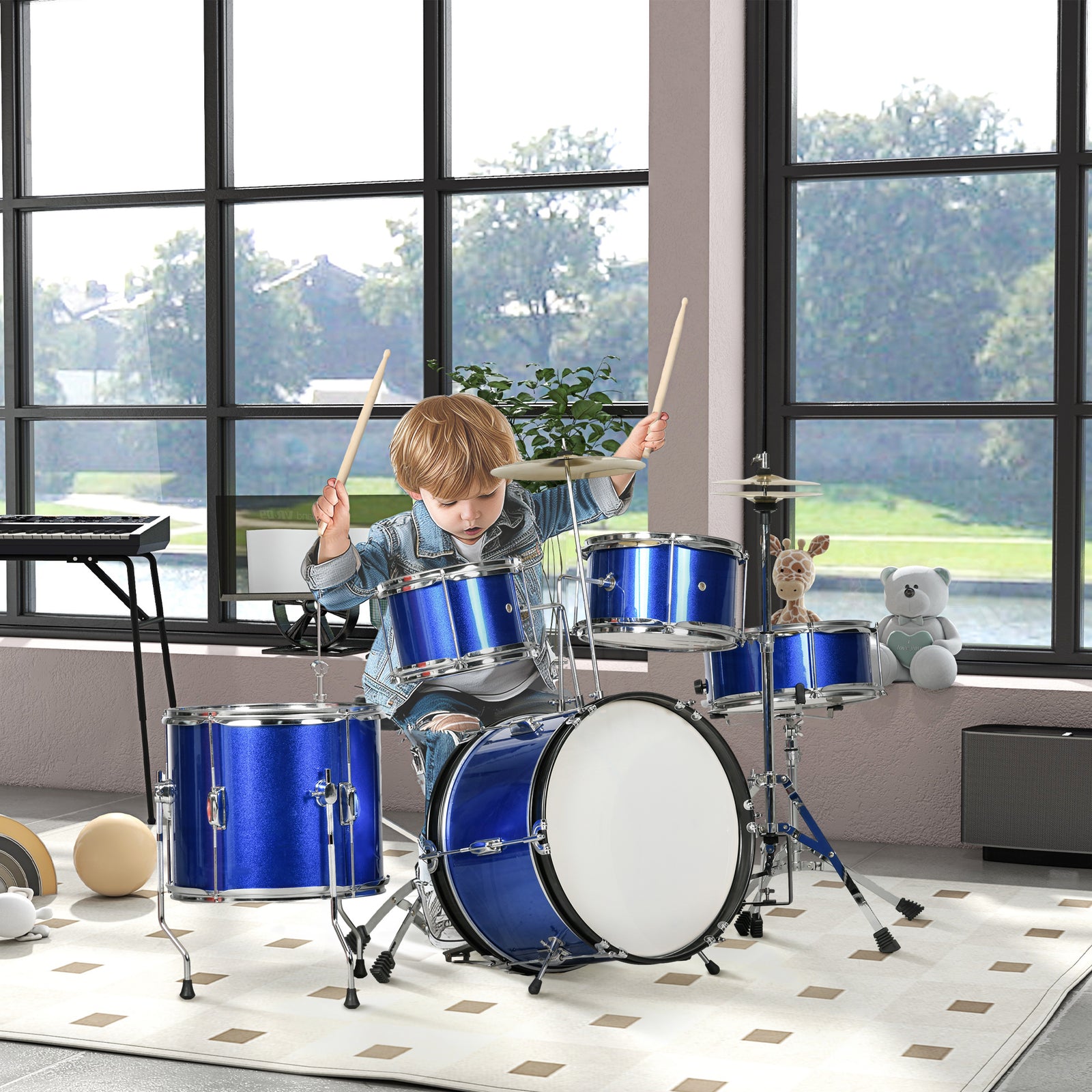 11 Piece Junior Drum Set For Kids With Stool, Drumsticks, Blue | Blue