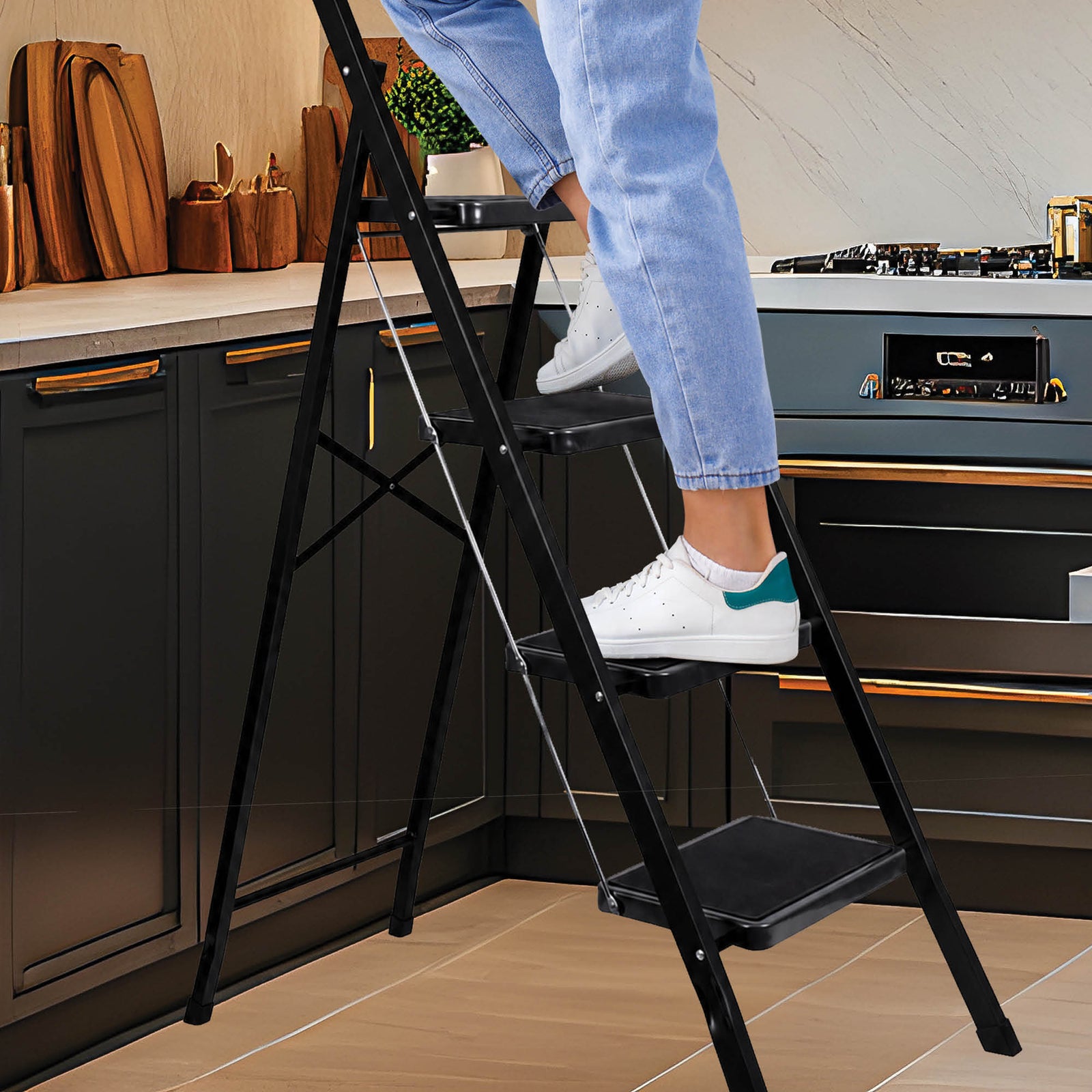 4 Step Ladder Heavy-duty Steel Folding Step Stool 150kg Capacity | Black