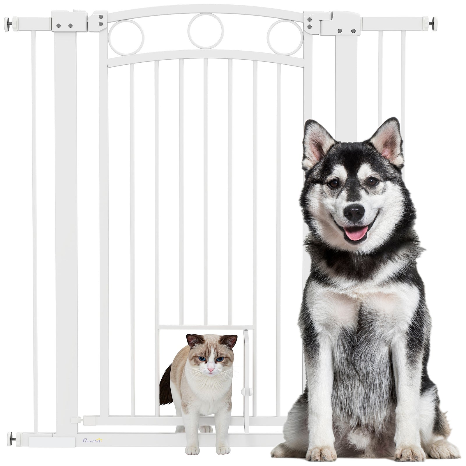 Pawhut Stair Gate With Cat Door, Adjustable Width 76-104cm & 77/96/106cm Tall | White