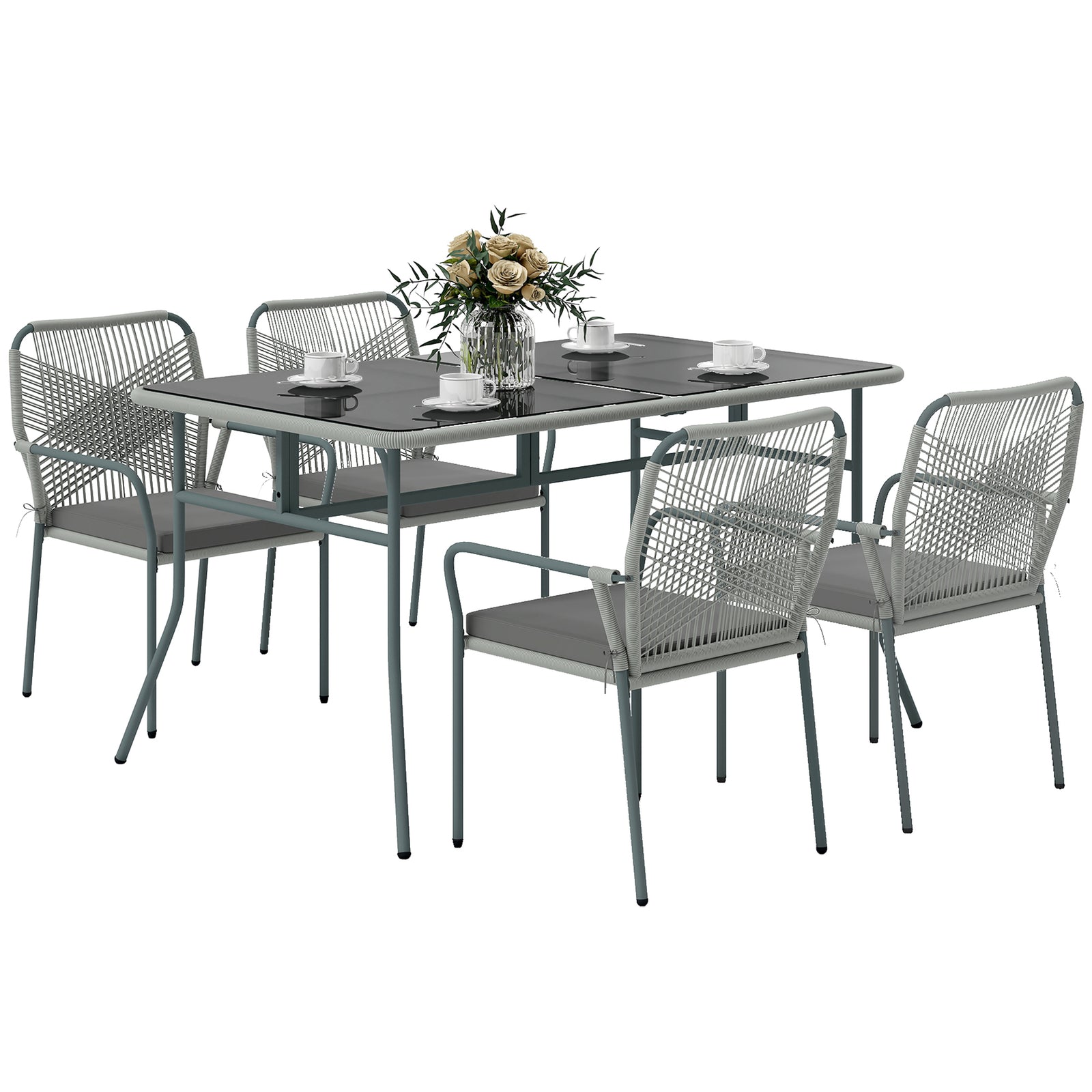 5 Piece Wicker Garden Dining Set, Pe Rattan With Cushions