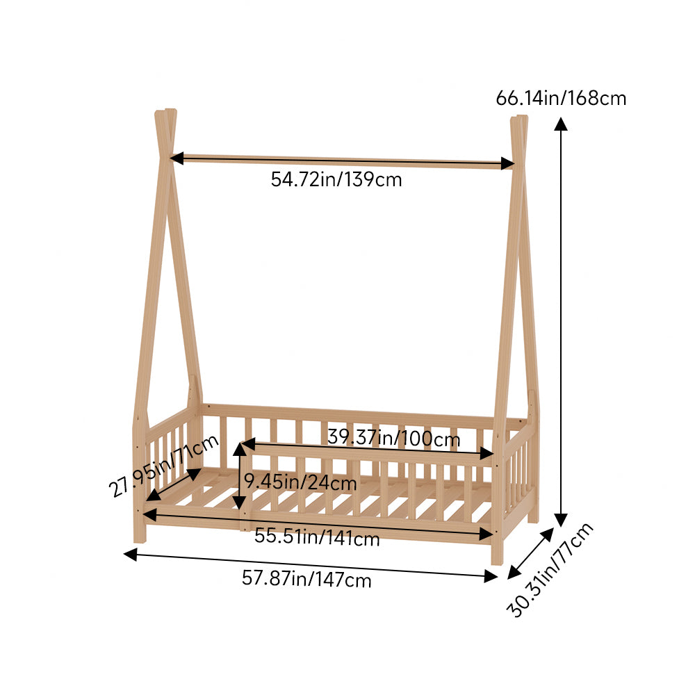Kids Pine Wood Tent-style Bed Frame With Guardrails – 140cm X 70cm Low Design Montessori Toddler Bed For Safe And Imaginative Play