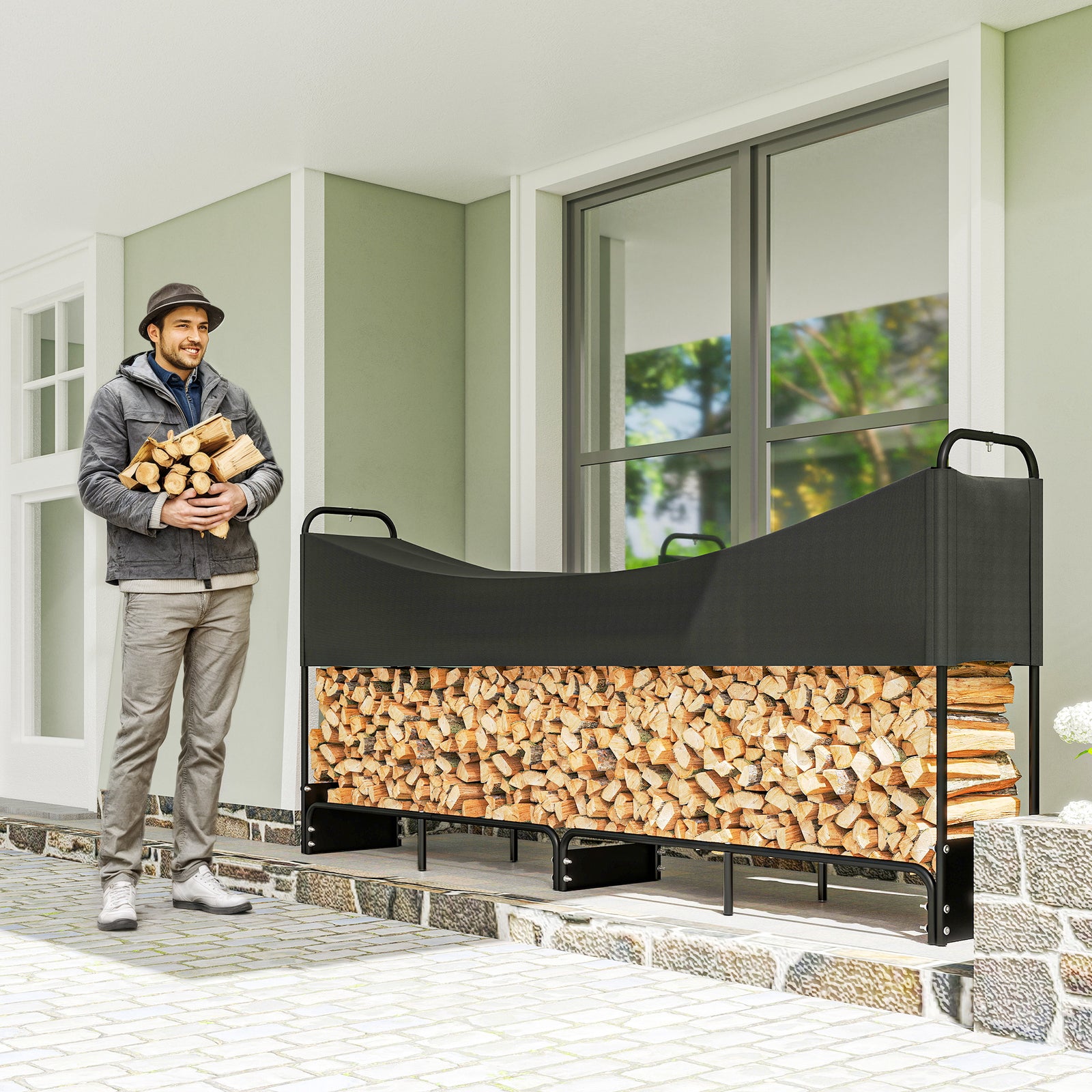 Outsunny 8.5ft Firewood Rack, Log Storage Holder With Cover