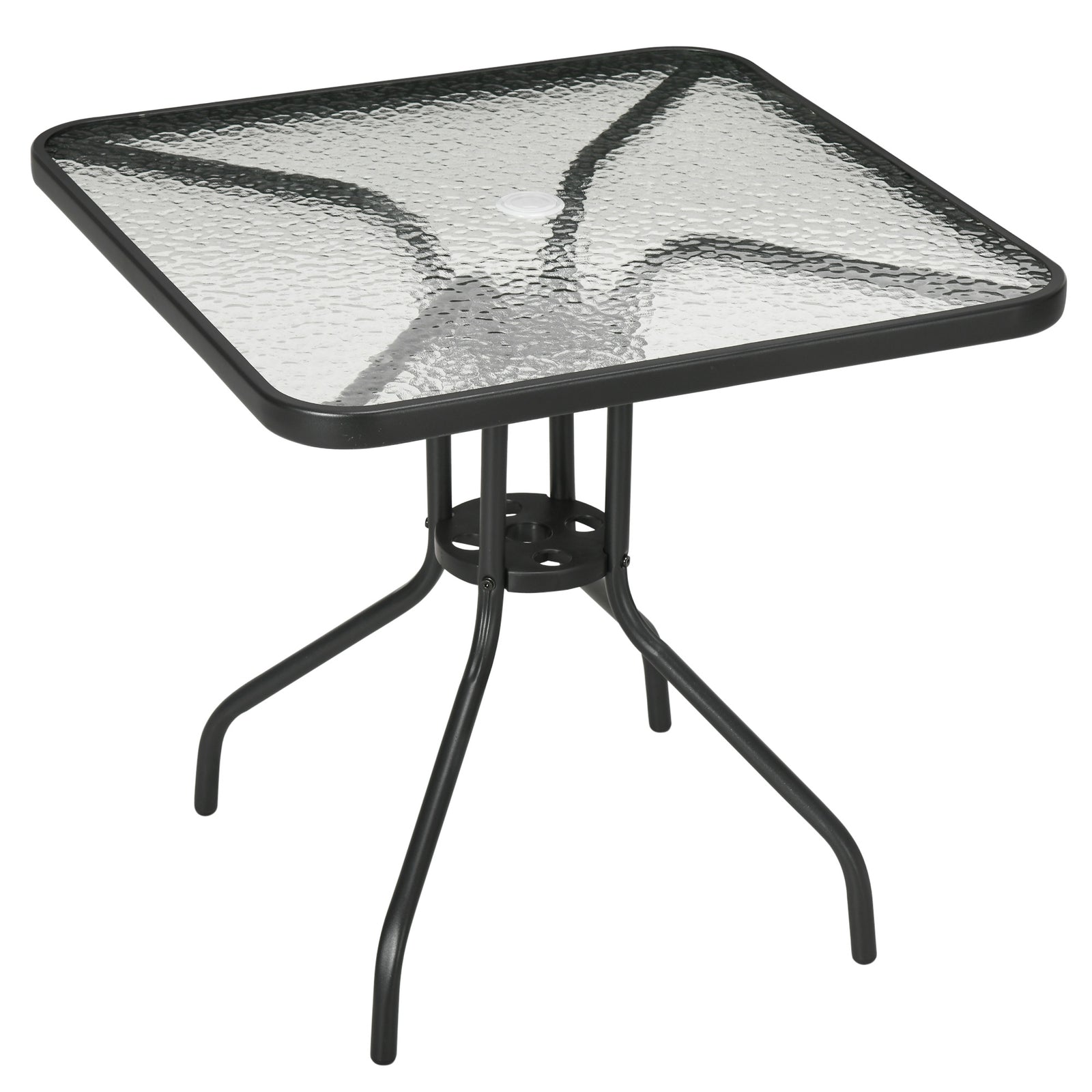 Square Patio Table, 76x76cm Glass Top W/ Umbrella Hole