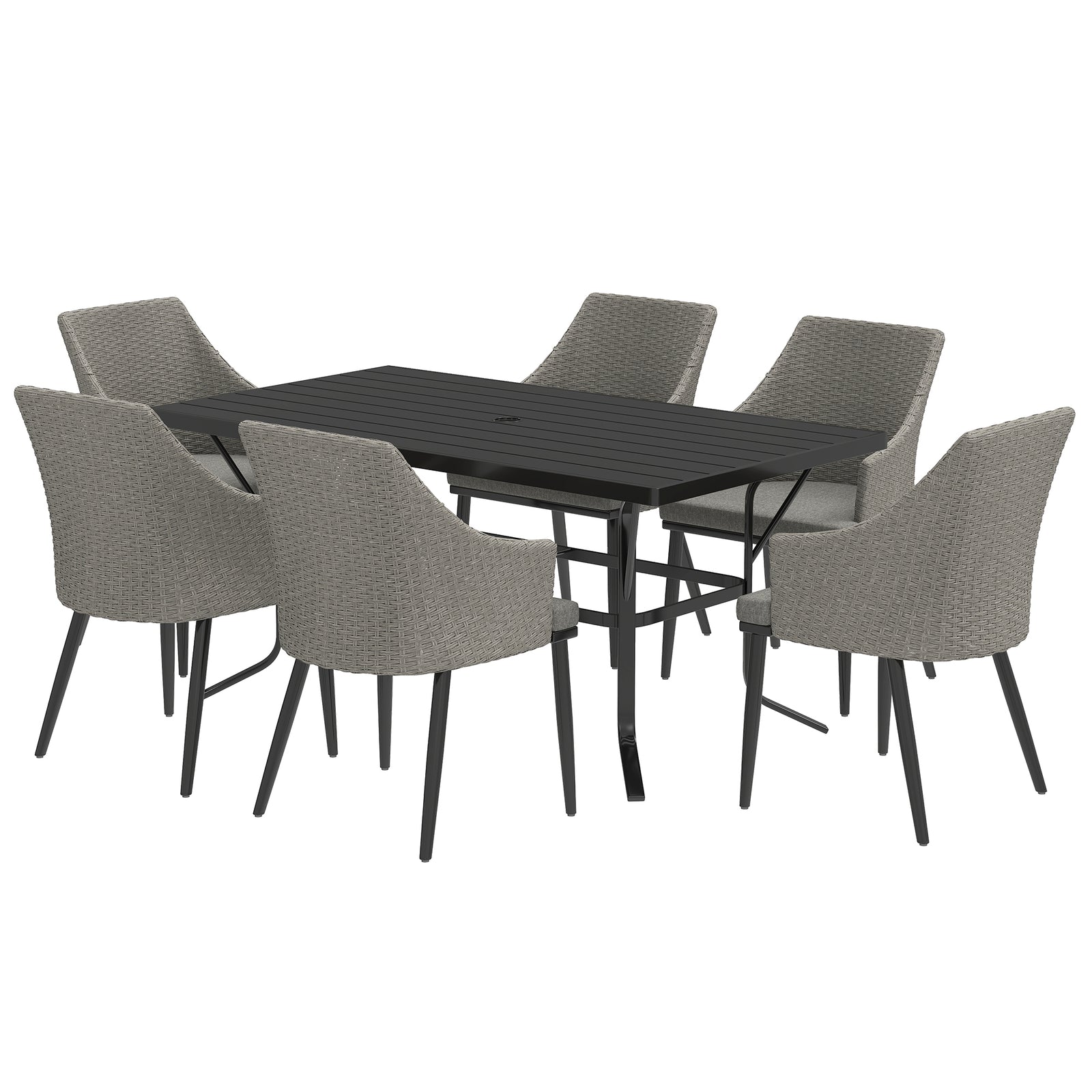 6 Seater Rattan Dining Set, Rectangle Slatted Table | Gray