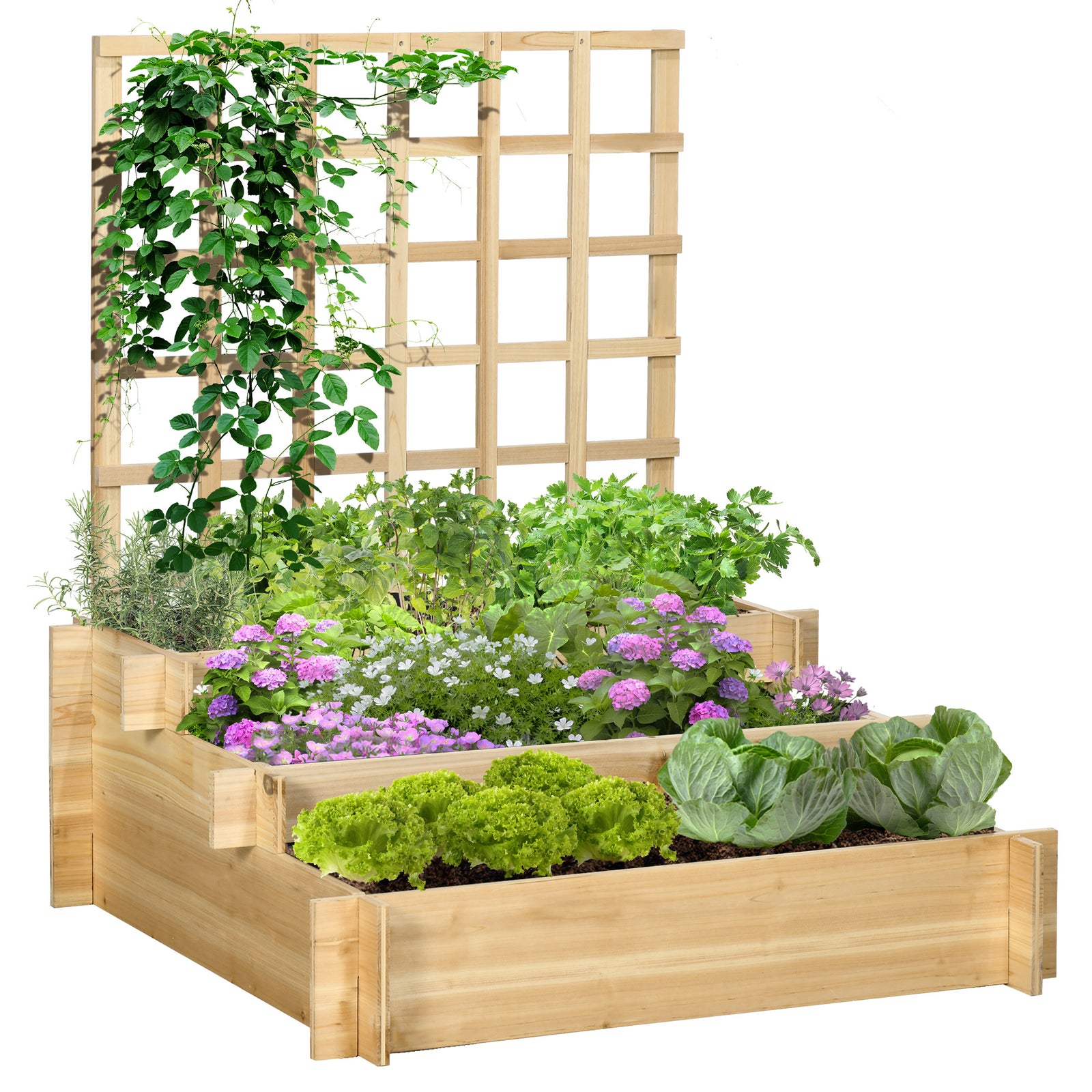 3 Tier Wooden Planter With Trellis Natural