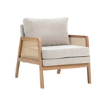 Well-crafted Modern Fabric Armchair With Wooden Frame And Caned Sides, Fluffy Backrest And Thick Cushions | Beige