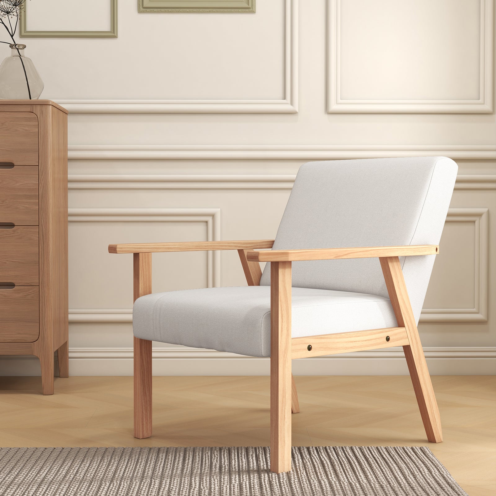 Accent Chair With Wood Frame Wide Seat Linen Armchair