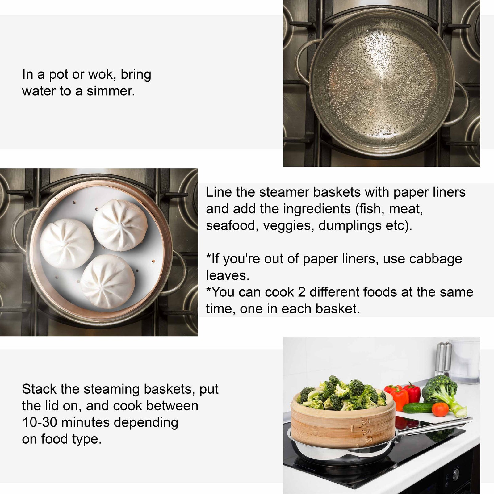 BlauKe Bamboo Steamer Basket 25cm With Chopsticks, Tongs, 50 Paper Liners - 2-tier Food Steamer For Cooking Dumplings Vegetables