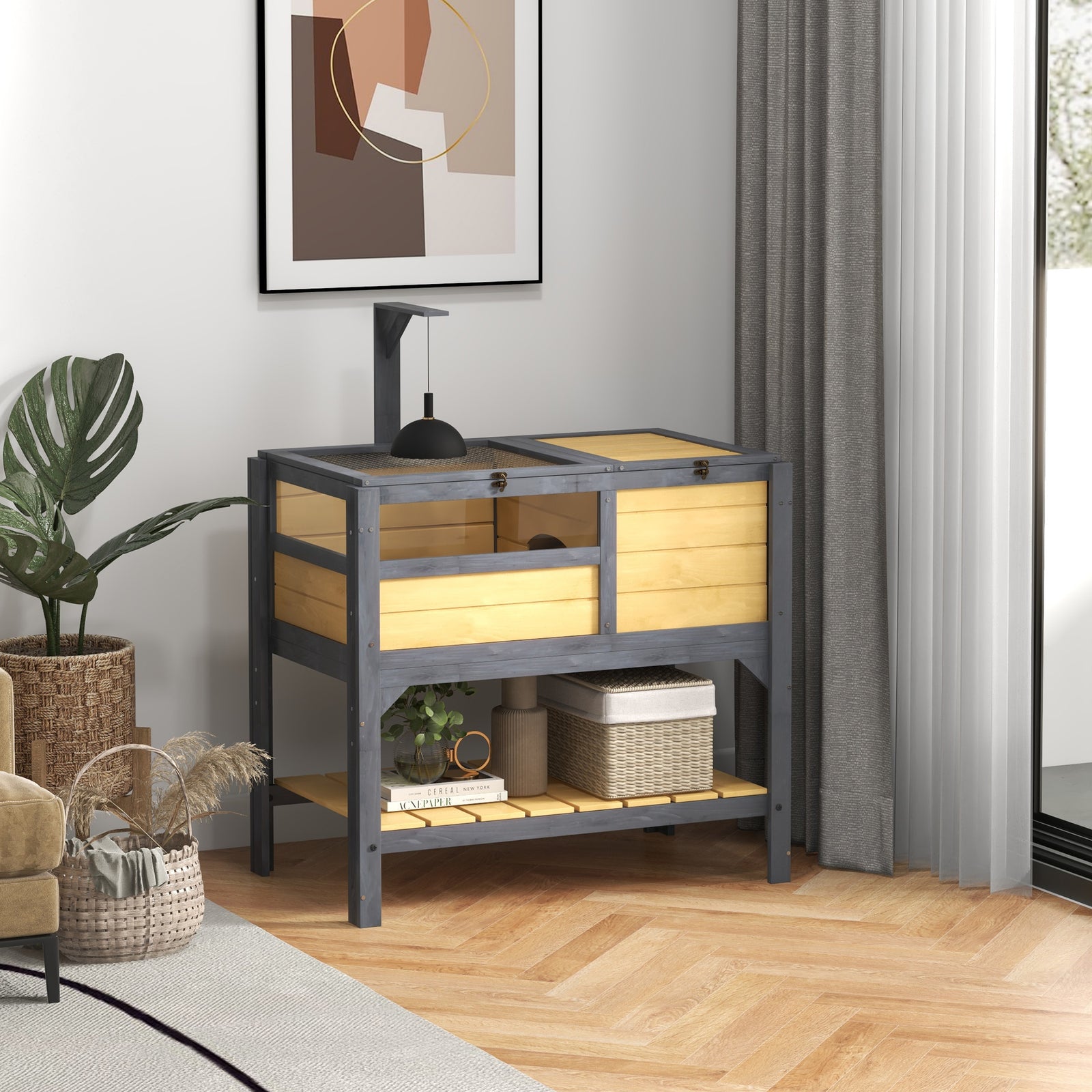 Wooden Tortoise House W/ Run, Shelter, Shelf, Lamp Holder | Yellow
