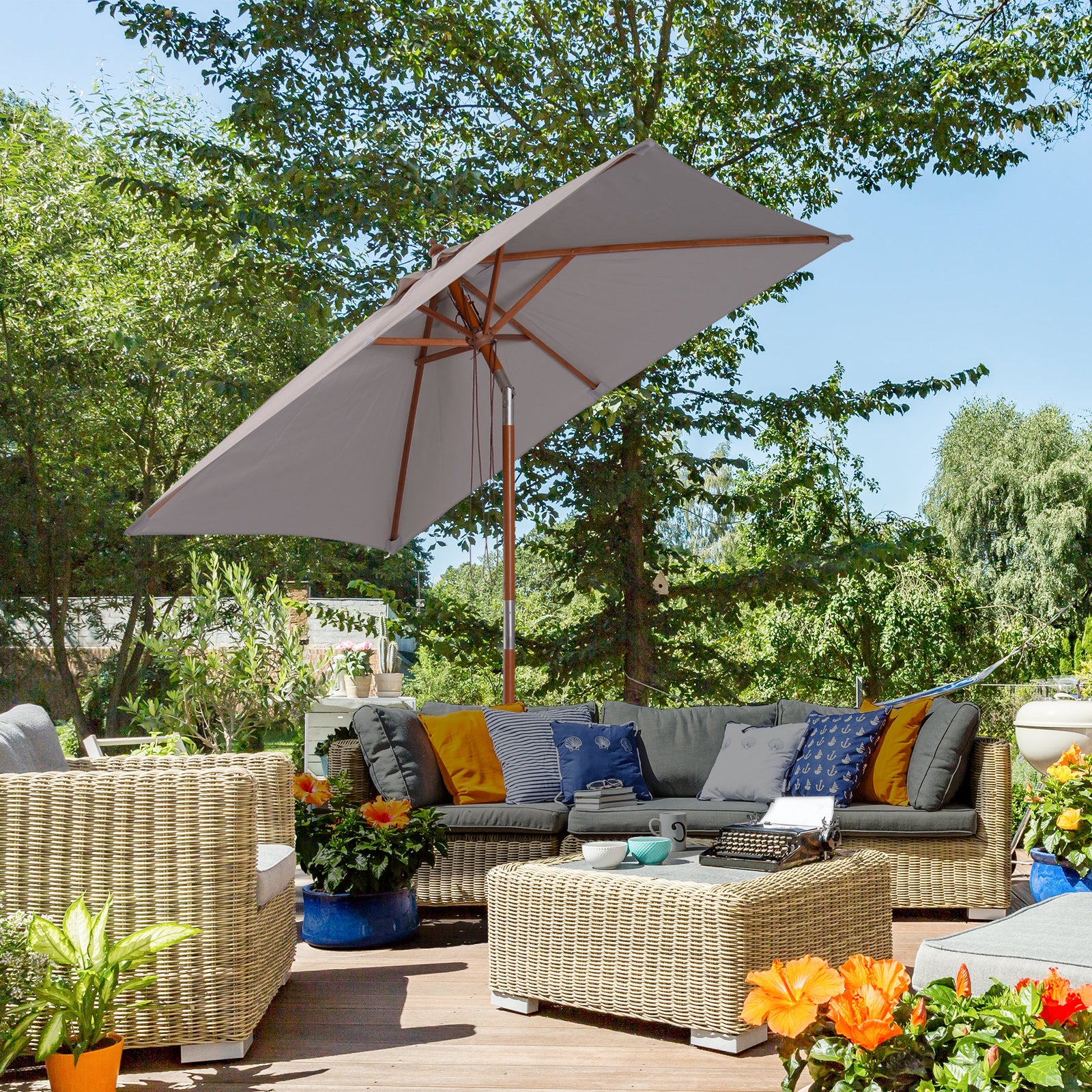 2x1.5m Wooden Patio Umbrella Parasol | Gray