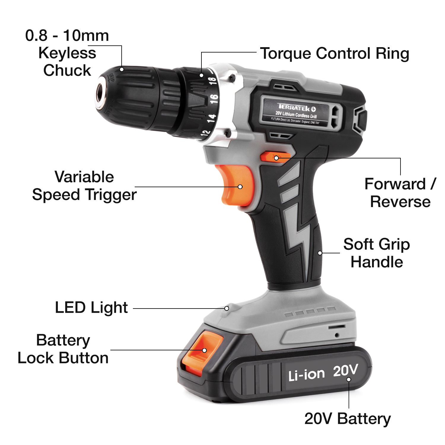 20v Cordless Drill & Drill Bit Set 20v 1 Hr Fast Charge Battery & Charger Included | 13 Piece Kit – 1x Battery + Charger + Carry Case | Grey