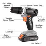 20v Cordless Drill & Drill Bit Set 20v 1 Hr Fast Charge Battery & Charger Included | 13 Piece Kit – 1x 20v Battery + Charger | Grey