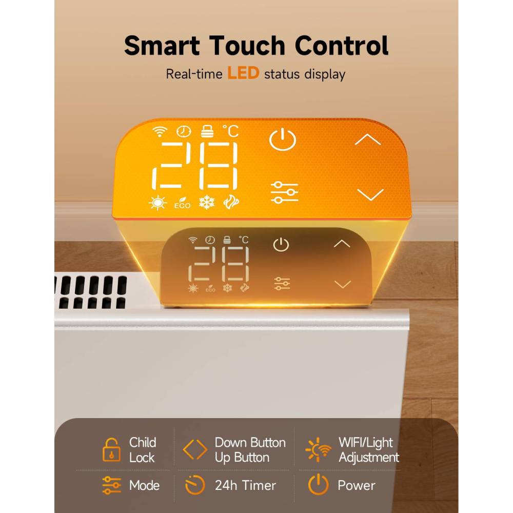 1000w/1500w/2000w Convection Heater With Wifi App & Voice Control, 3 Modes, Smart Thermostat, 24h/7d Timer, Child Lock, Wall Mounted Or Freestanding | Small