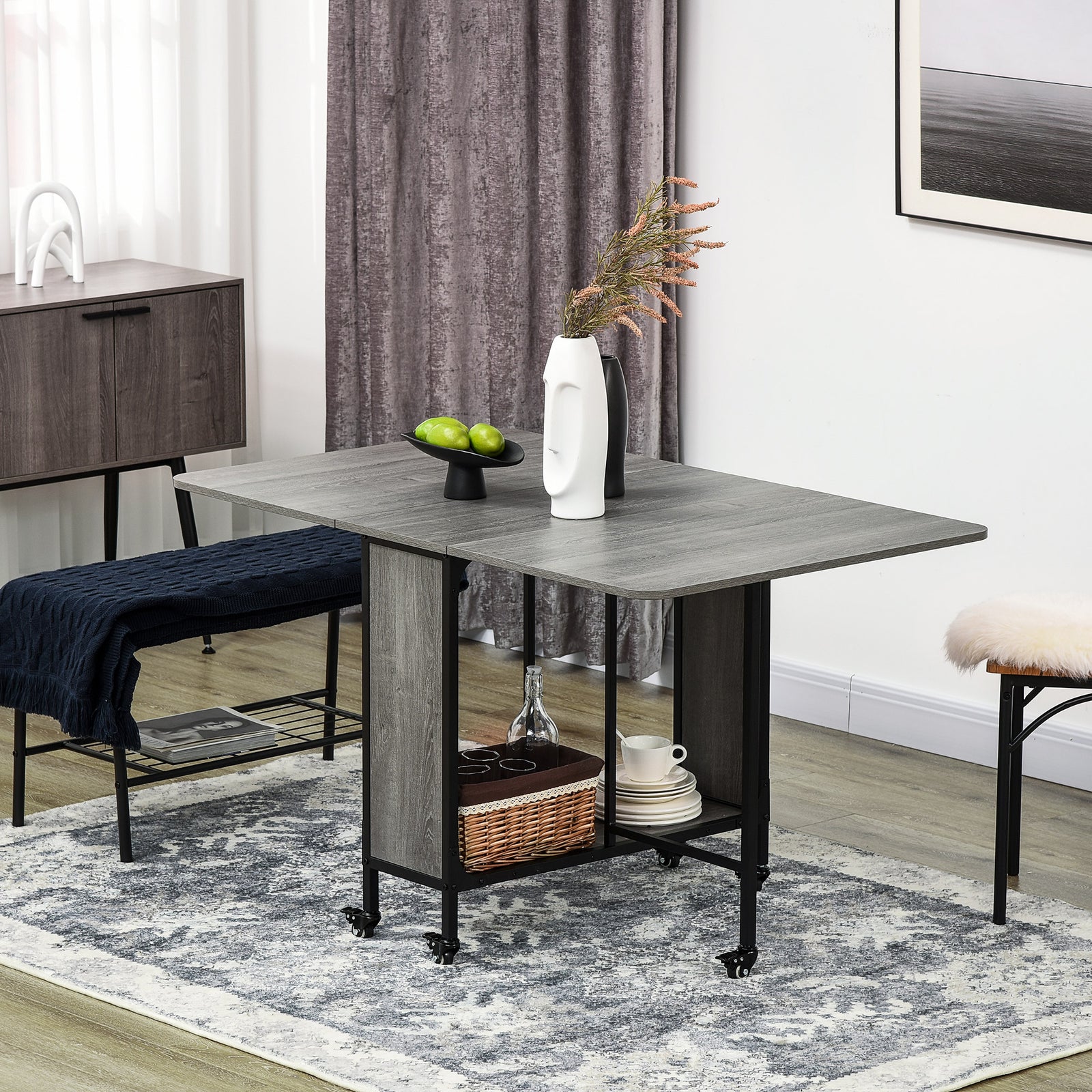 Mobile Drop Leaf Dining Table On Wheels With Storage Shelf