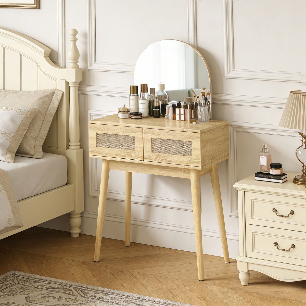 HOMCOM Dressing Table, Vanity Desk W/ Mirror, 2 Drawers, Natural Wood Finish