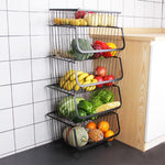 3/4/5 Tier Stackable Rolling Metal Wire Basket Trolley Rack Fruit Vegetable Storage Holder For Kitchen | Large | Black