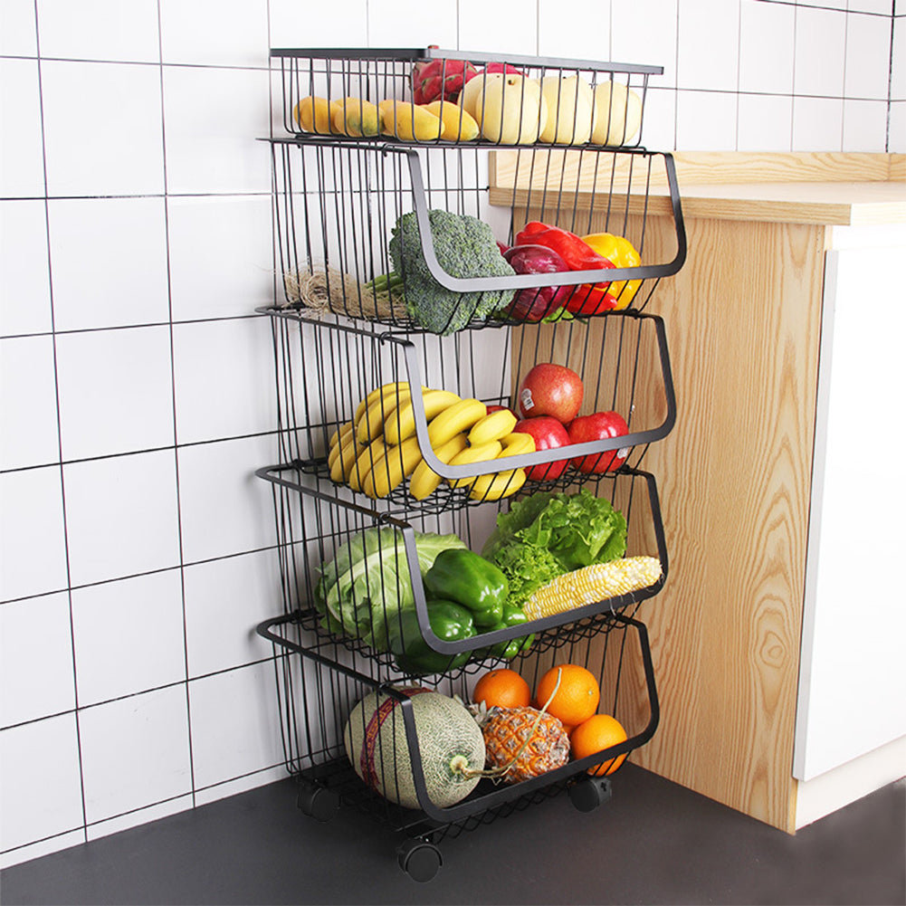 3/4/5 Tier Stackable Rolling Metal Wire Basket Trolley Rack Fruit Vegetable Storage Holder For Kitchen | Large | Black