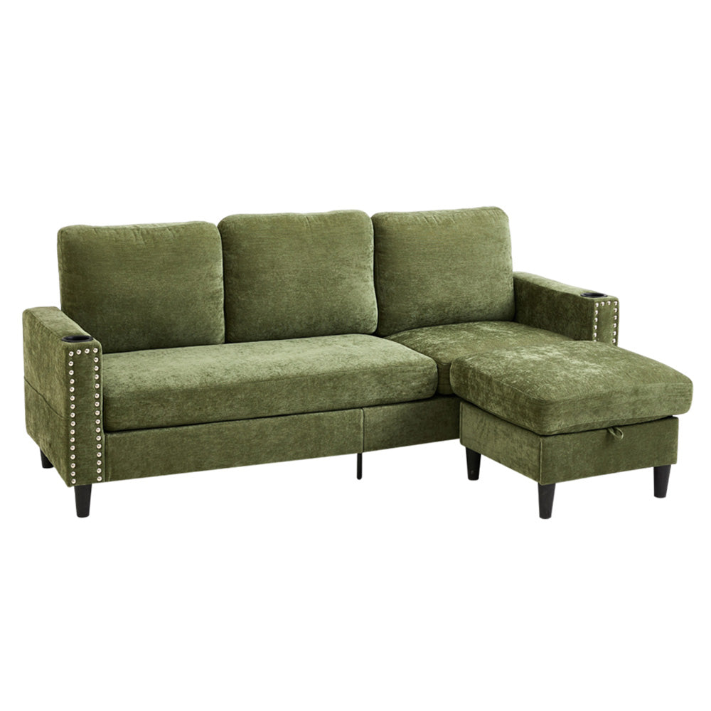 Green Polyester 3-seater Sofa With Ottoman – Vintage Metal Rivets, Cup Holders & Side Pockets, Wood & Iron Frame
