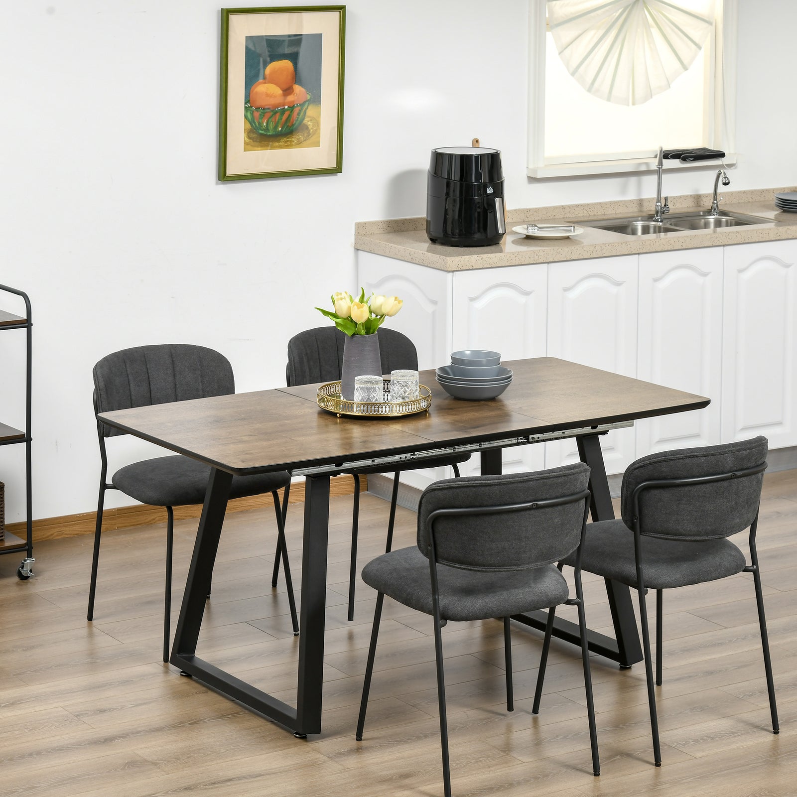 Extendable Rectangular Dining Table, Steel Base