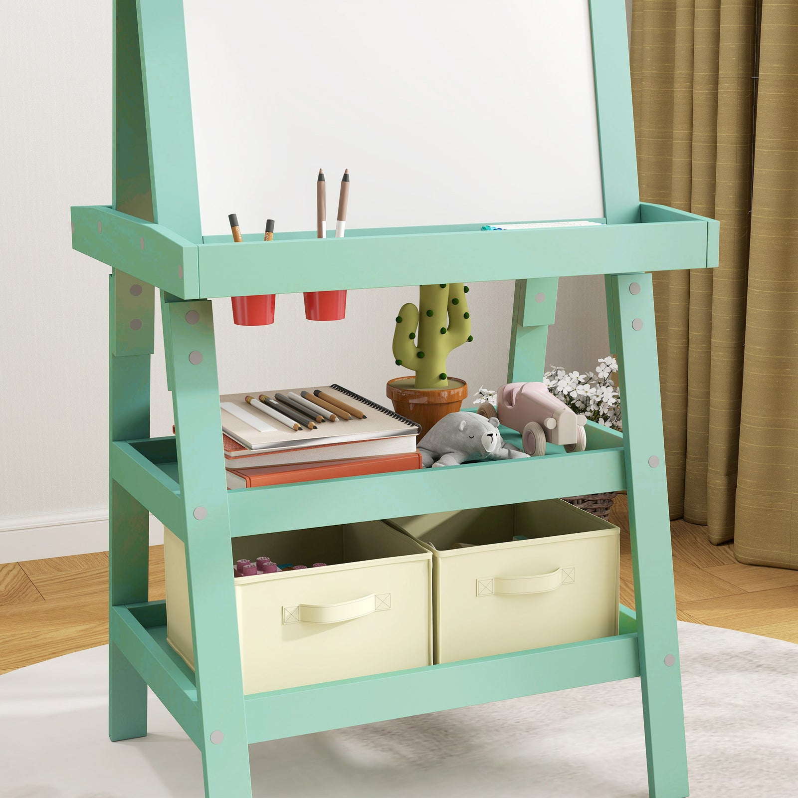 Double-sided Art Easel For Kids W/ Paper Roll, Storage Baskets | Green