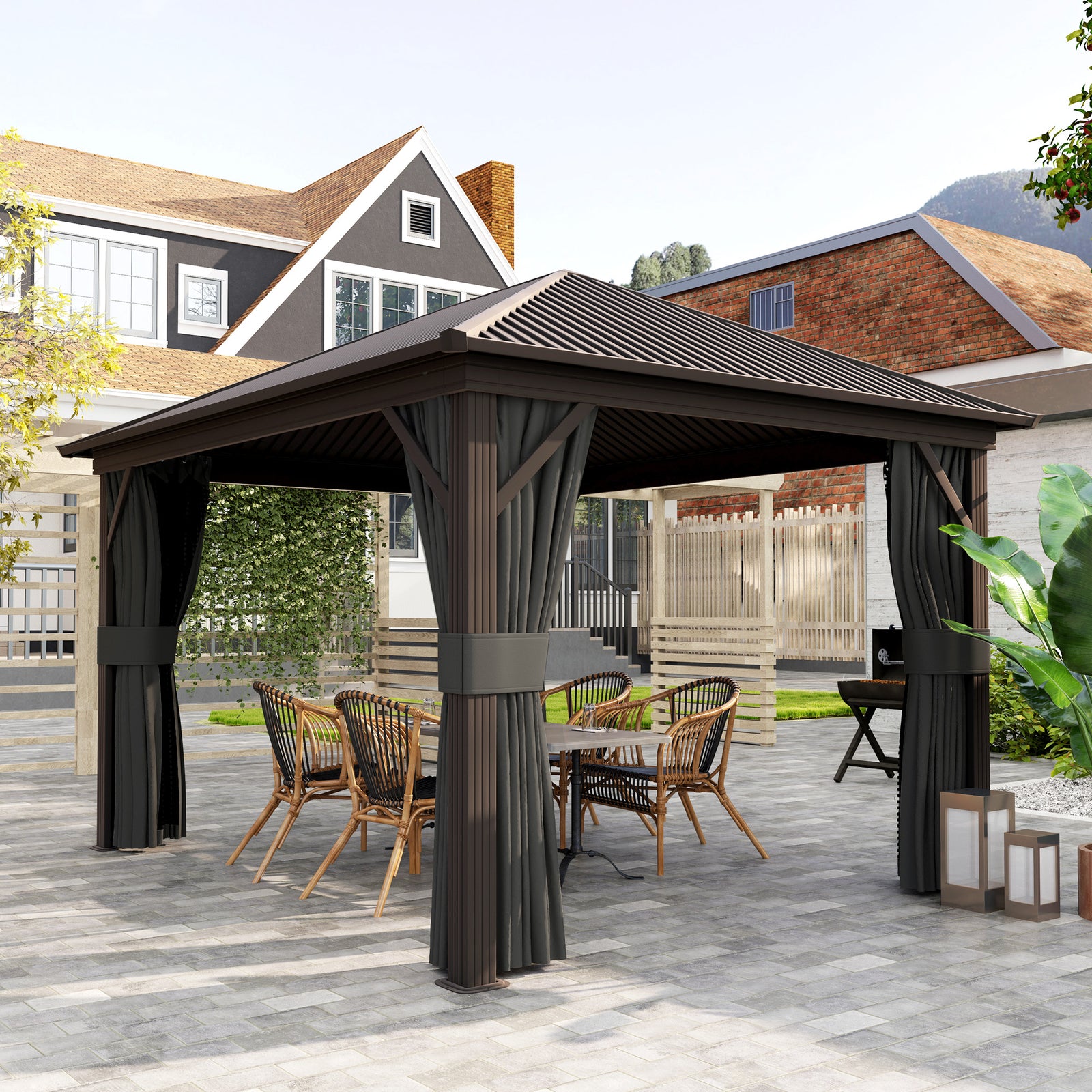 3.6 X 3(m) Metal Garden Hardtop Gazebo With Screened Curtain | Dark Grey
