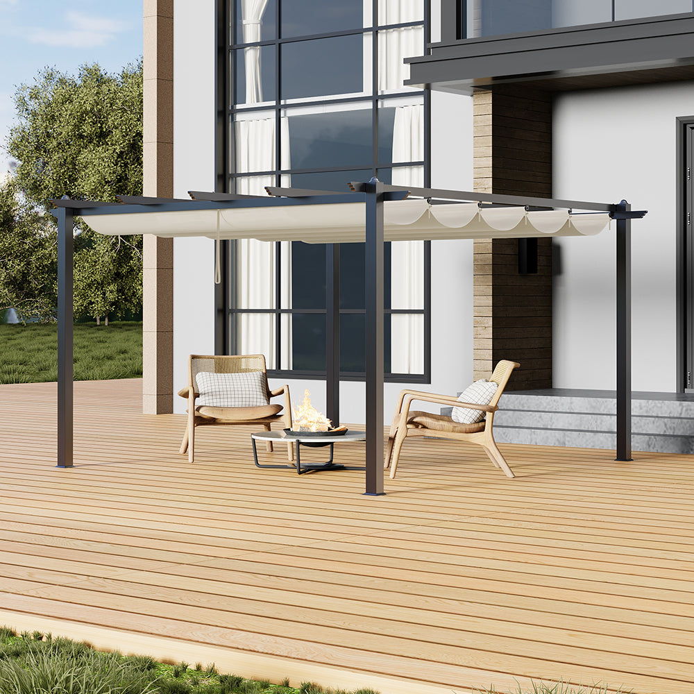 4m X 4m Outdoor Aluminium Pergola With Retractable Roof, Pu-coated Water-resistant Canopy,black Frame Patio Shelter For Garden, Backyard | Beige