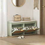 Boho Shoe Bench With Padded Seat And 2 Flip-drawers | Light Green