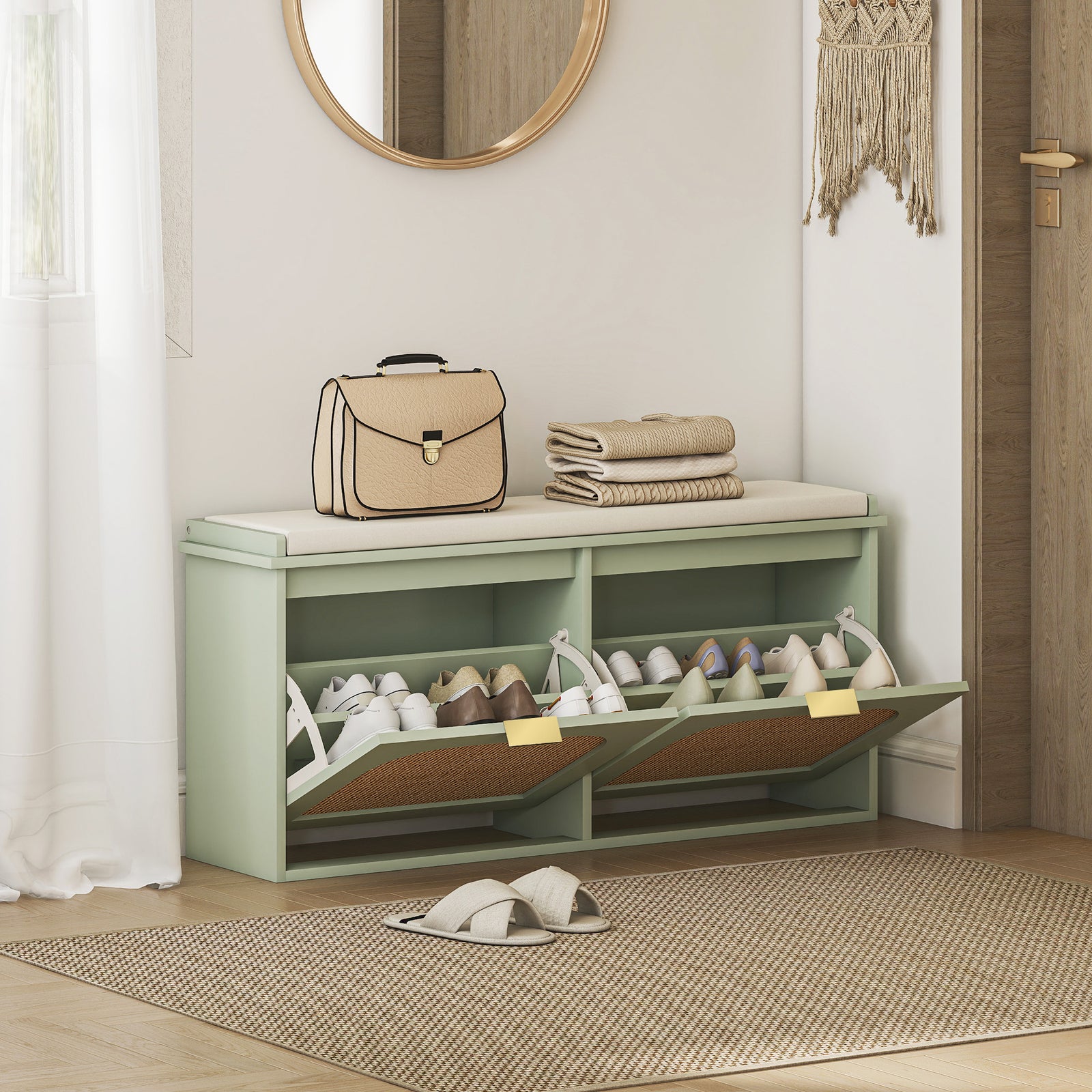 Boho Shoe Bench With Padded Seat And 2 Flip-drawers | Light Green