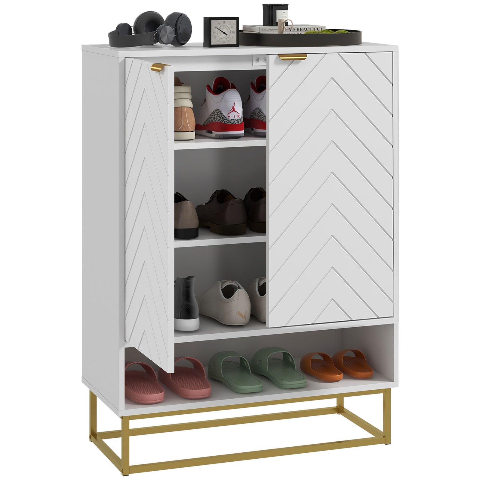 Shoe Cabinet With 2 Chevron Doors, Adjustable Shelf 12 Pairs