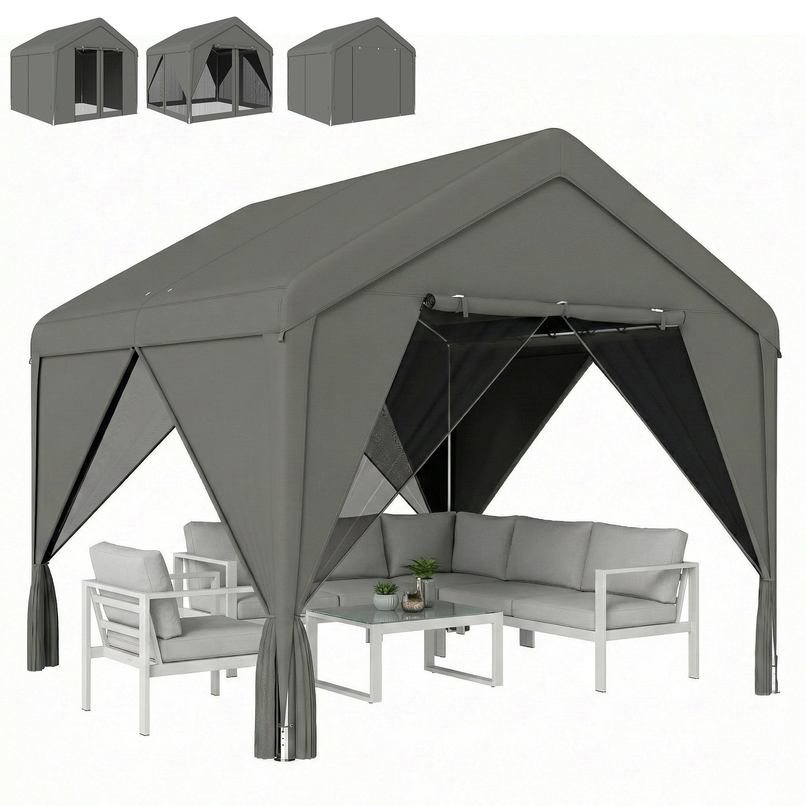 3 X 3 M Outdoor Patio Gazebo With Netting And Curtains | Dark Grey
