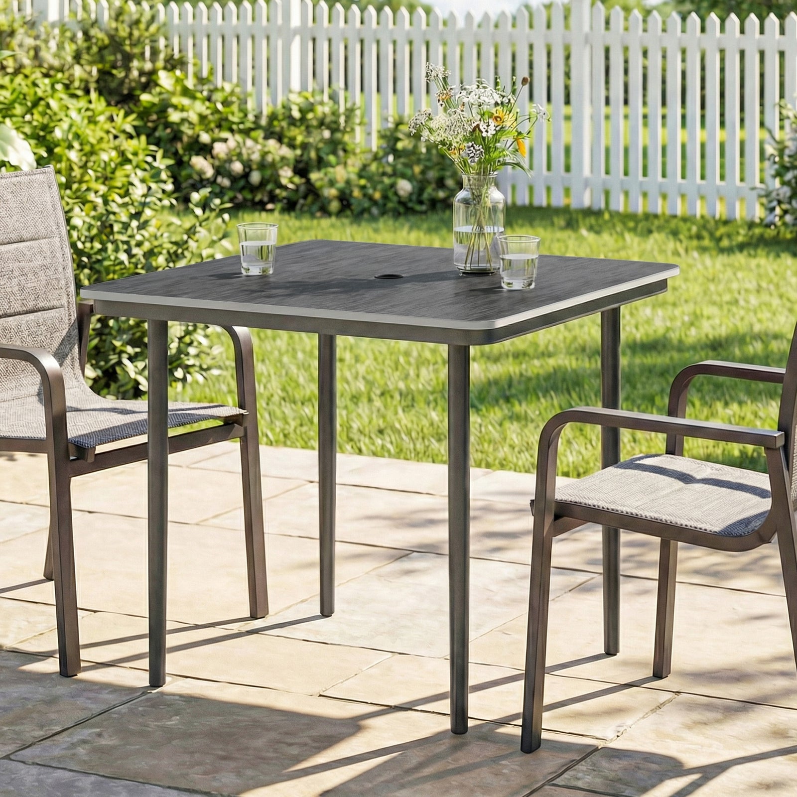 Garden Dining Table, Outdoor Table With Umbrella Hole | Dark Grey