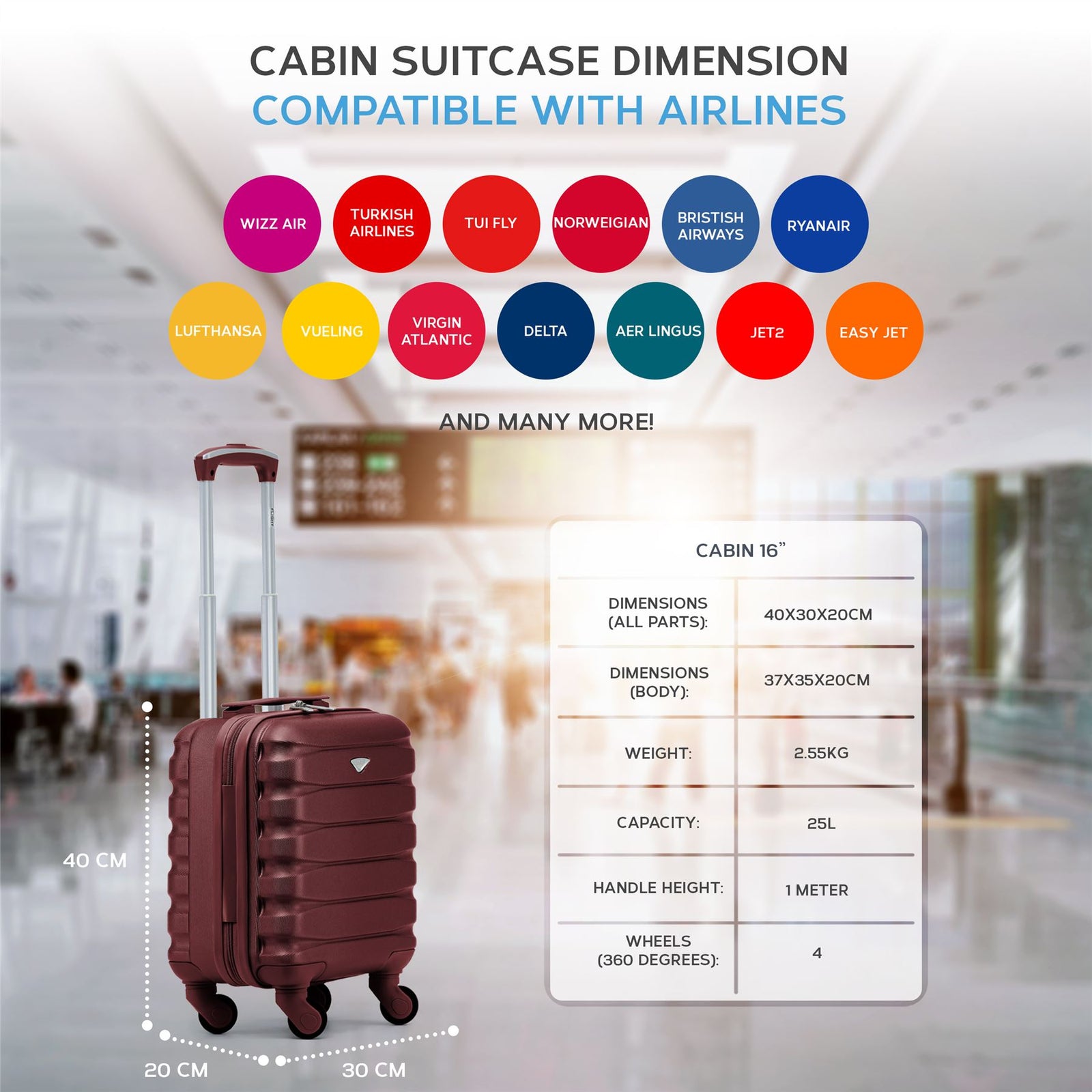 40x30x20cm Cabin Carry-on Suitcase - Lightweight, Durable, 4-wheel Luggage - 100+ Airlines Approved | Cabin | Burgundy