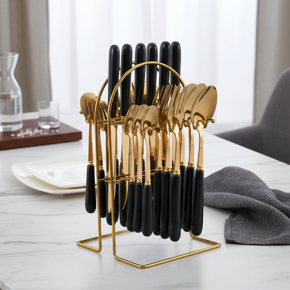 24-piece Stainless Steel Cutlery Set With Storage Rack | Black