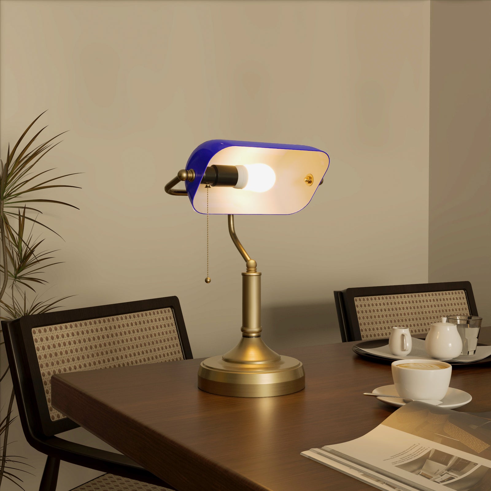 Banker's Table Lamp W/ Antique Bronze Tone Base | One Size | Blue