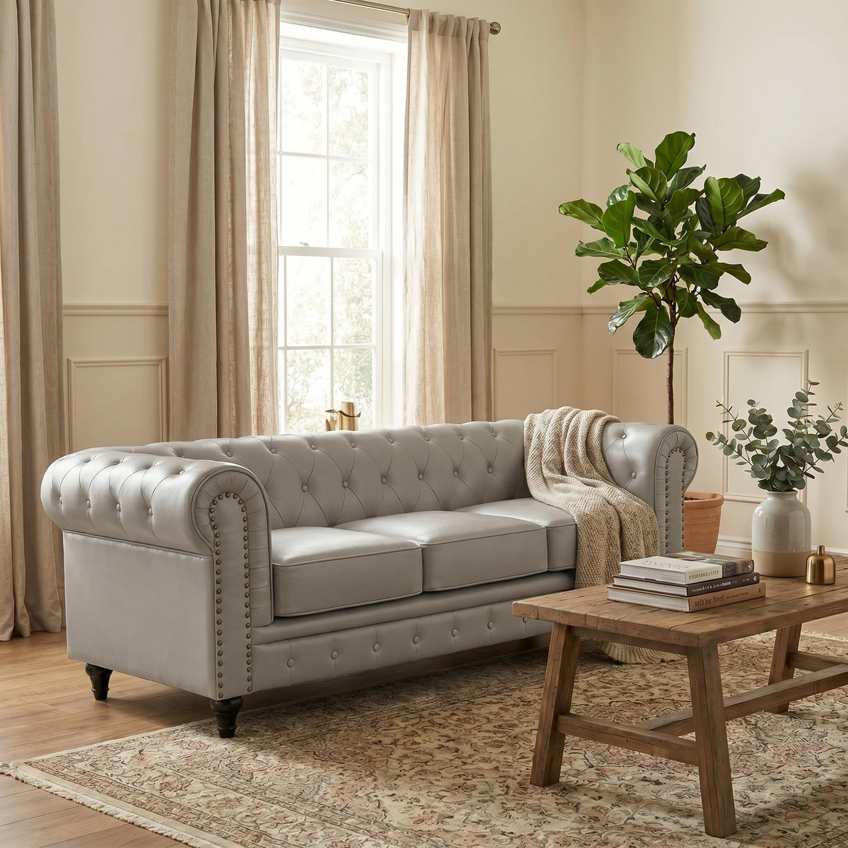 Chesterfield Scroll Arm Faux Leather Sofa 3 Seater | Grey
