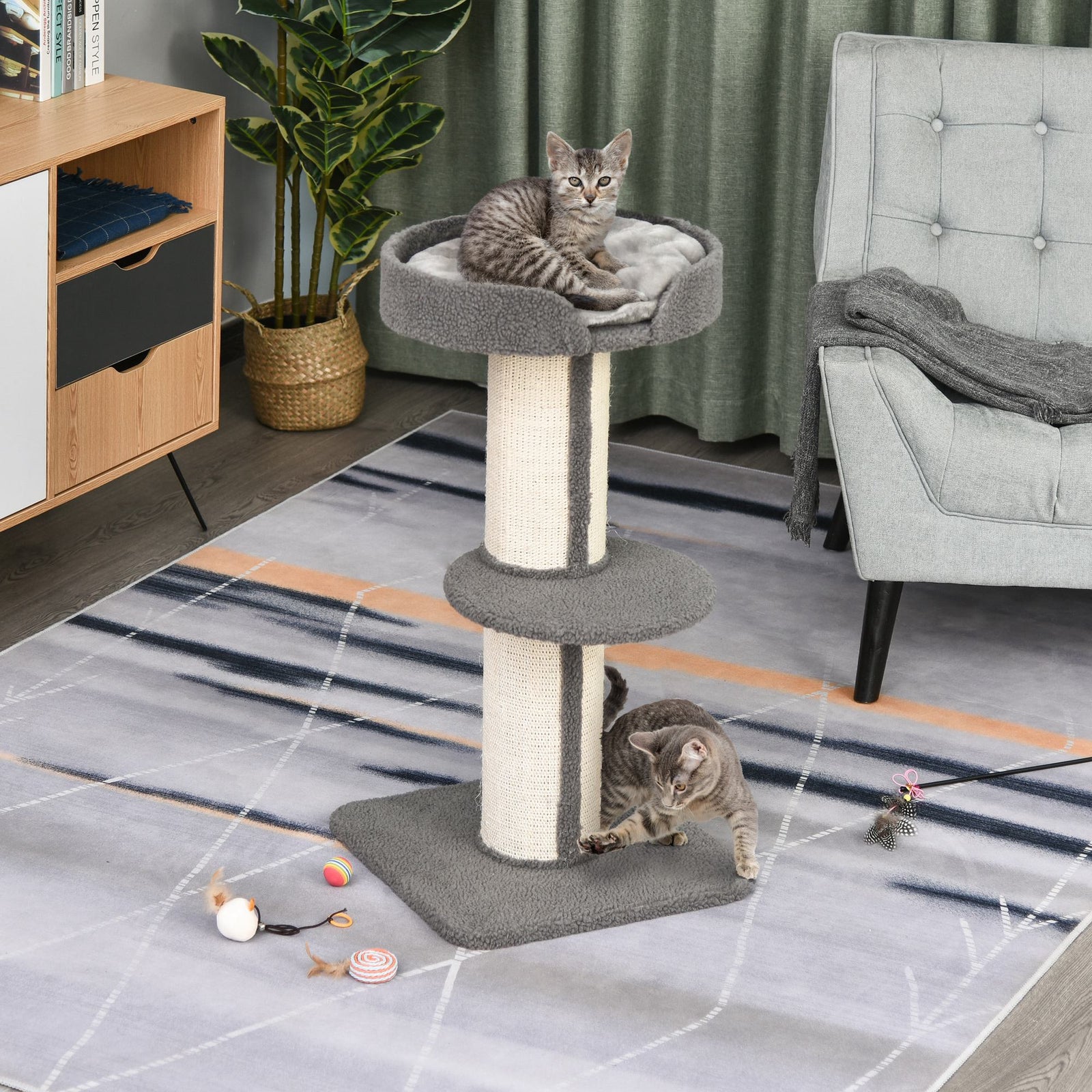 2-tier Cat Kitten Resting Tree W/ Top Basket Cushion Sisal Post | Gray