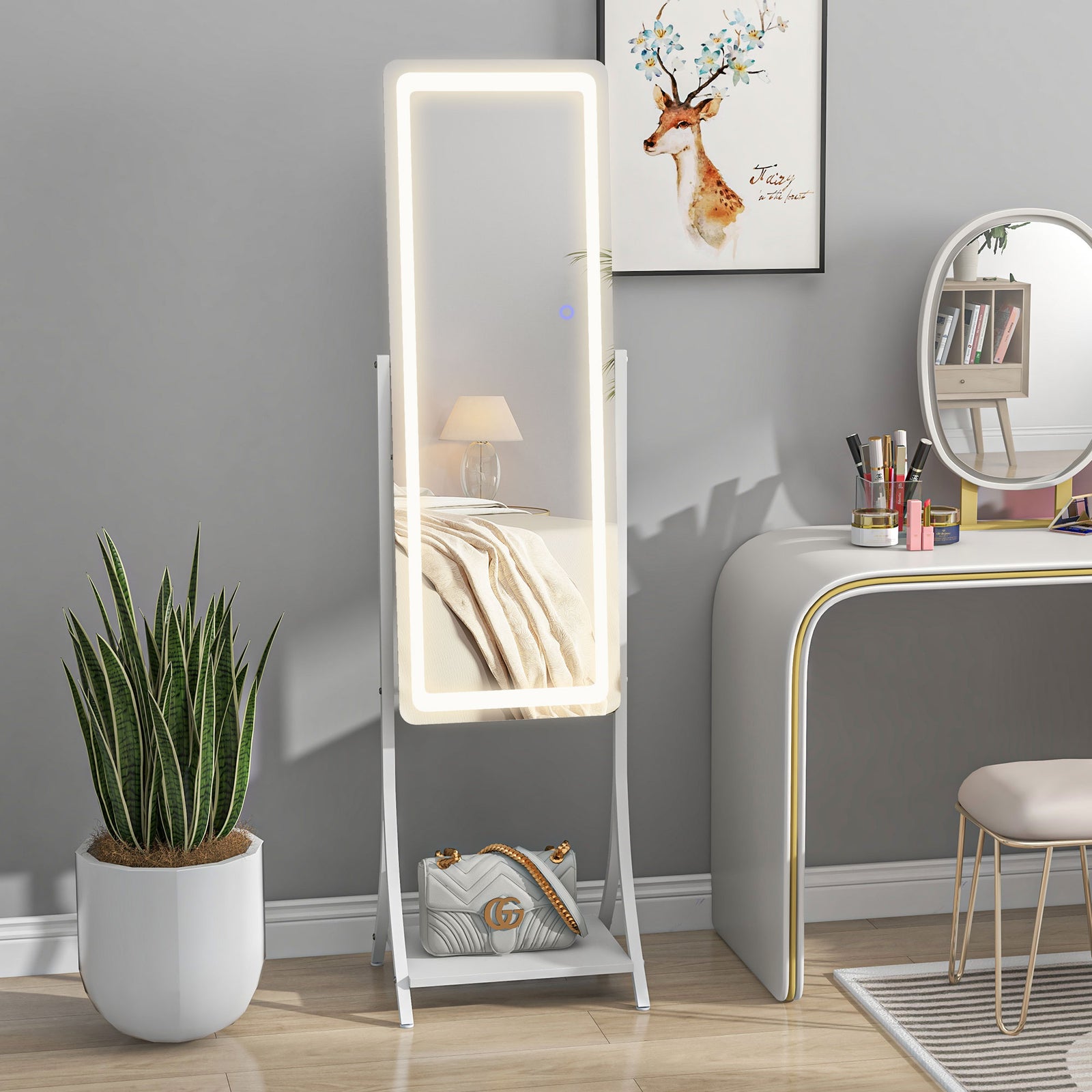 Led Lighted Floor Standing Mirror With Storage Shelf