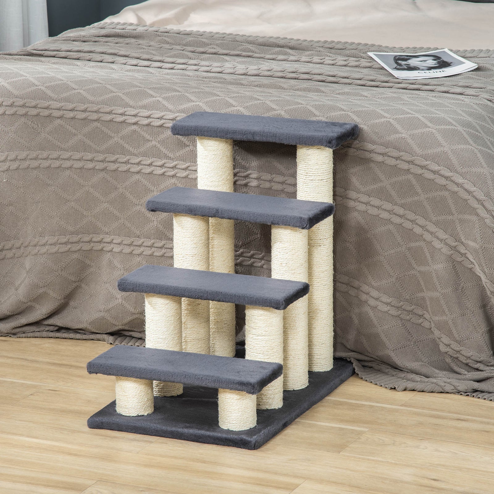 Dog Steps For Bed 4 Step Pet Stairs Ladder For Dog Cat Scratch Post Grey