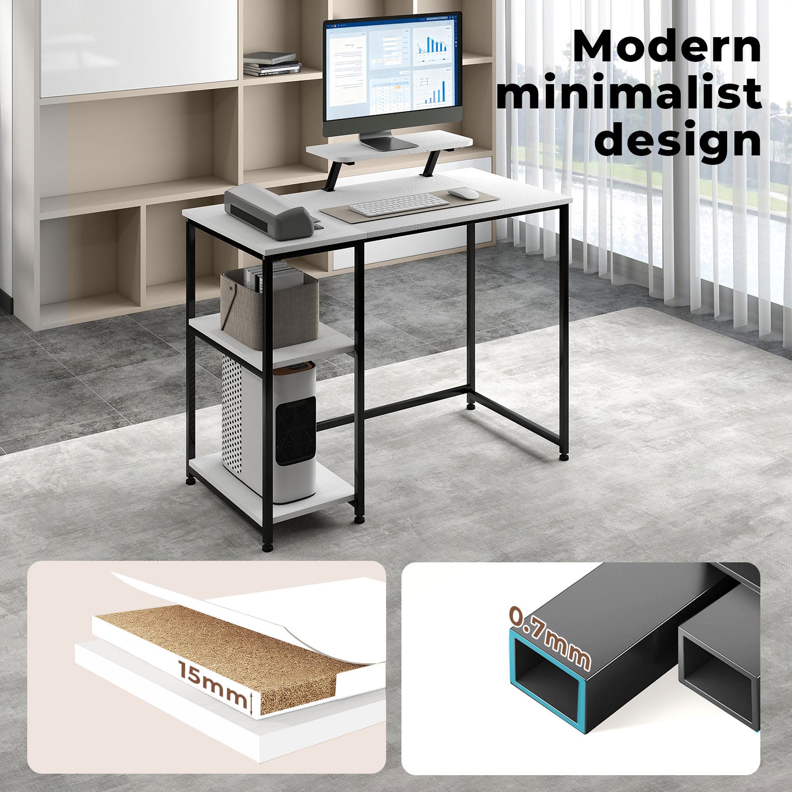 Computer Desk Home Office Table With Storage Shelves Monitor Stand | White