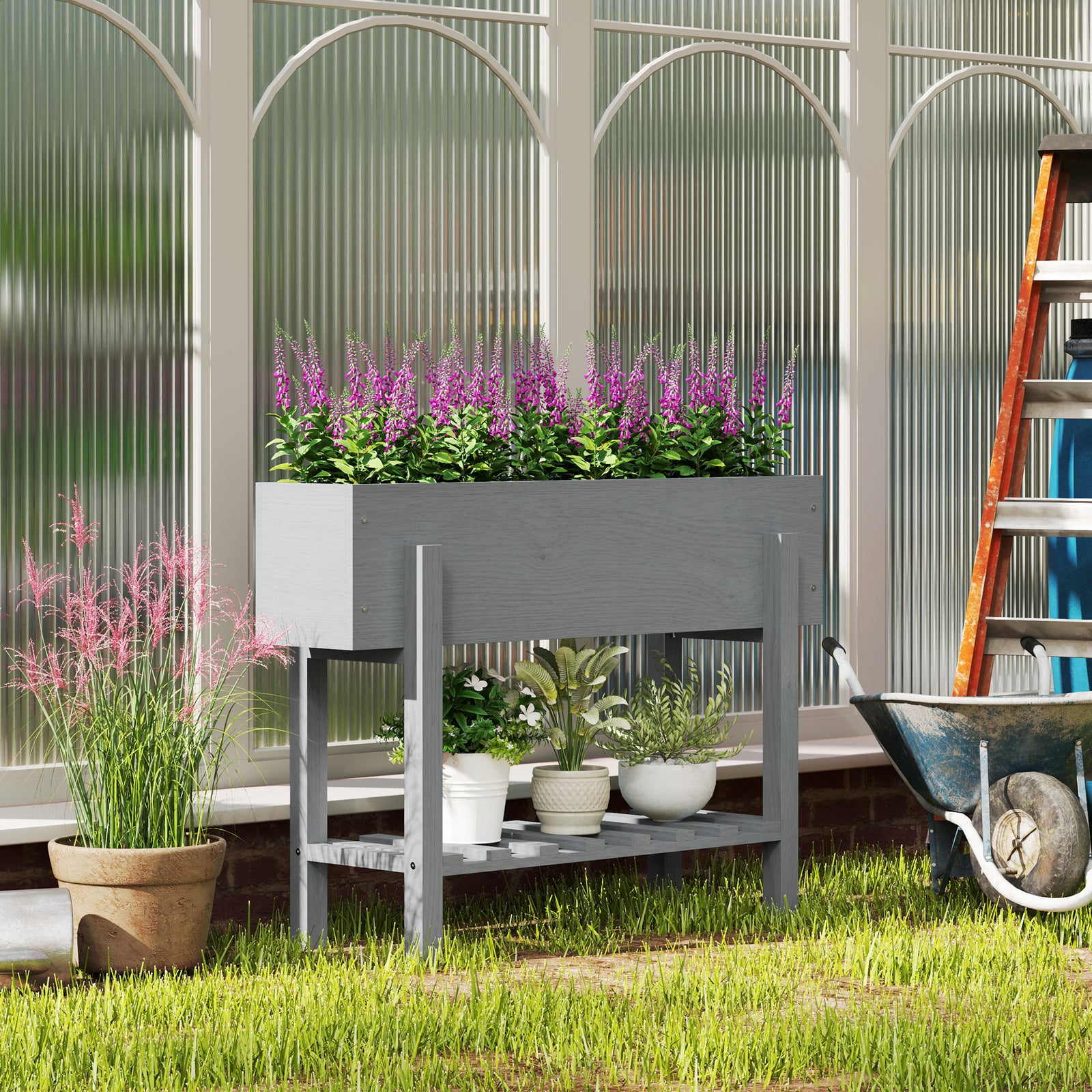 Wooden Raised Bed W/ Bed Liner, Storage Shelf | Gray