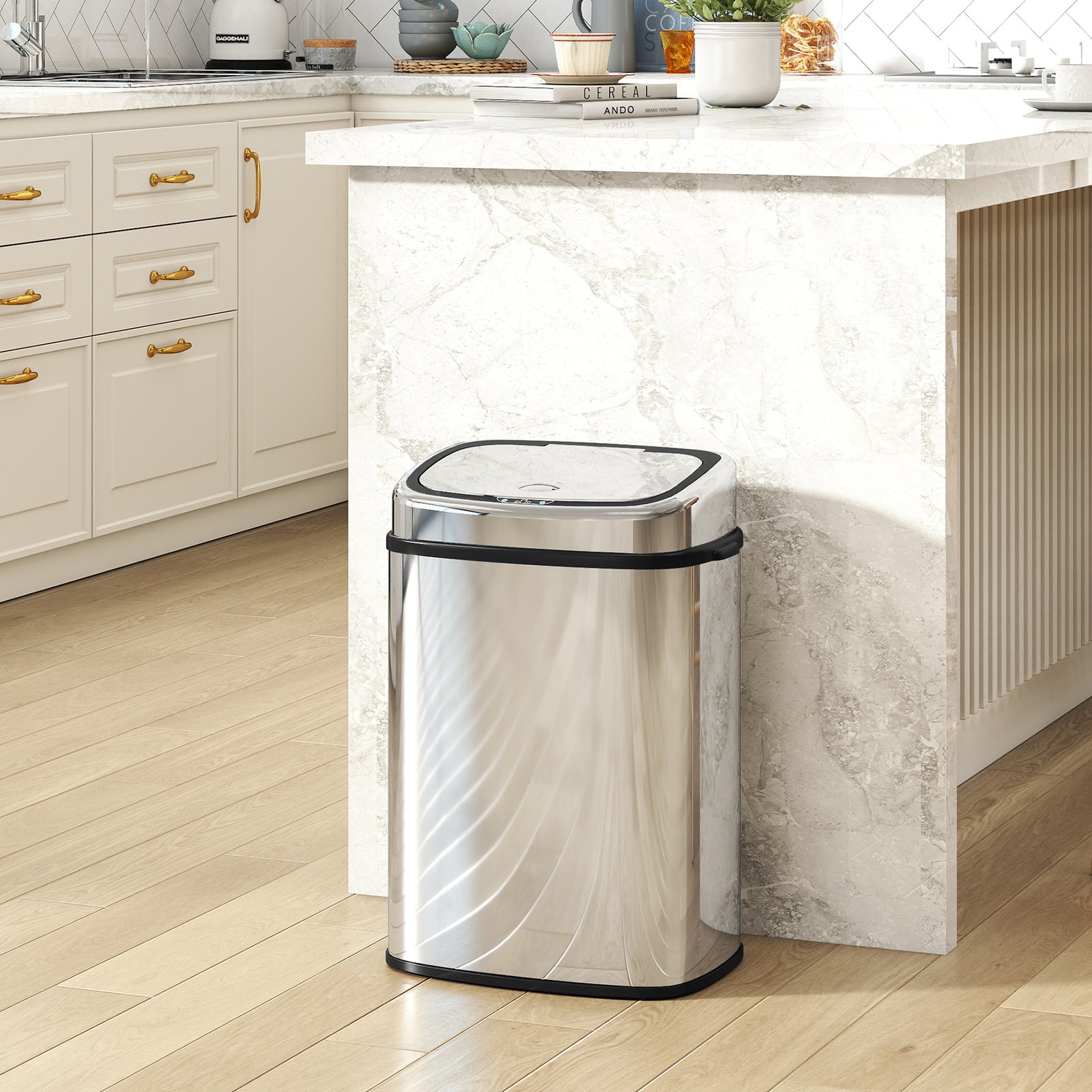HOMCOM 50L Sensor Bin with Soft-Close Lid Automatic Kitchen Bin Silver Tone