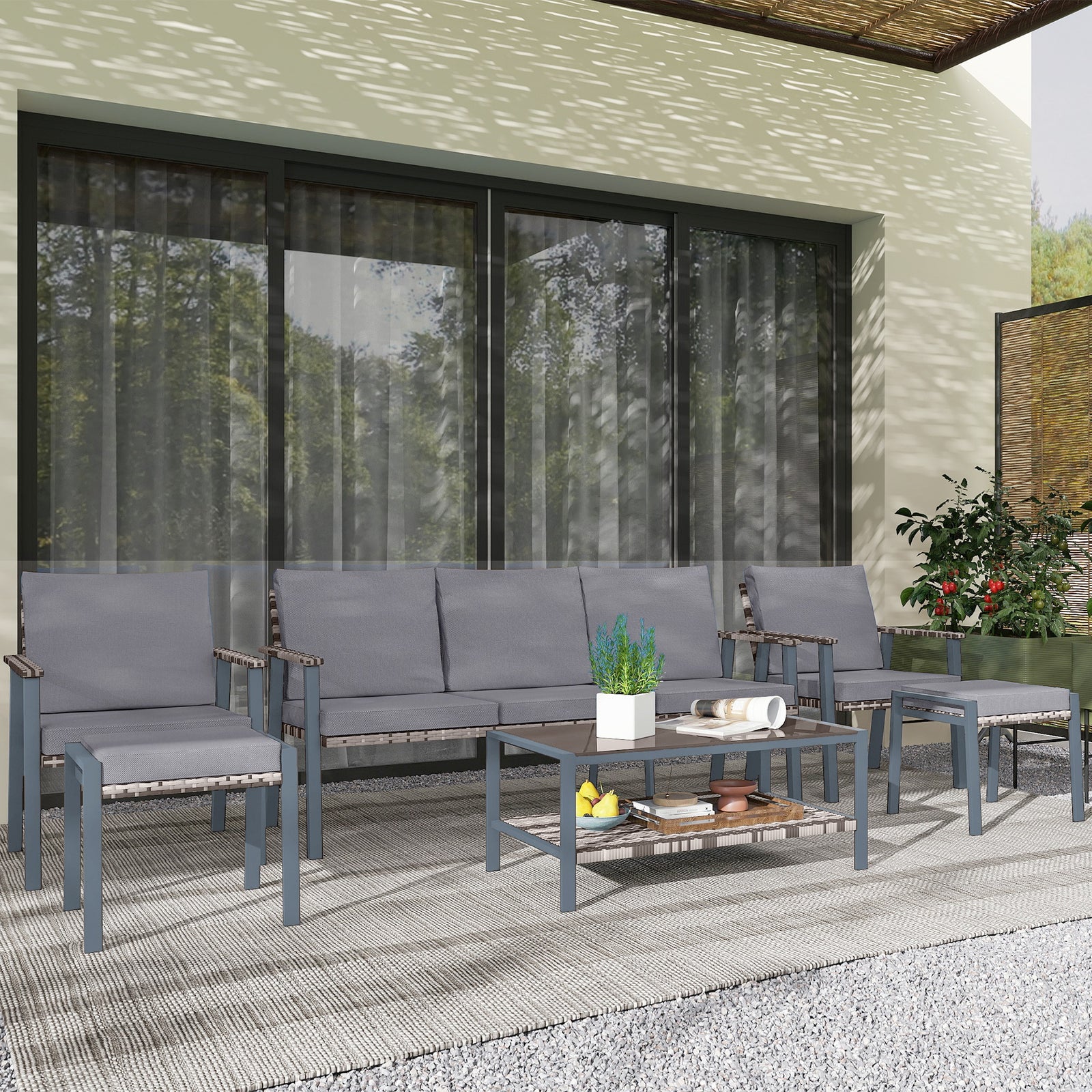 6 Piece Rattan Set, 7 Seater Sofa With Coffee Table